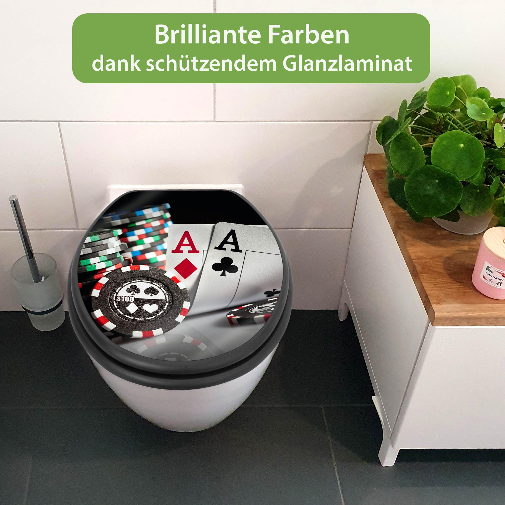 banjado WC Sitz Abstrakt & Muster - Absenkautomatik leise - 38 x 46,5 cm O-Form - MDF Holz Toilettendeckel anthrazit - Klositz grau pflegeleicht mit Softclose - Motiv Poker