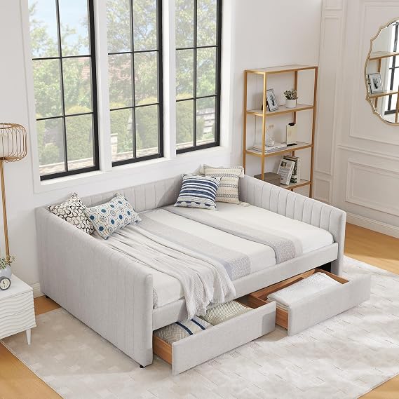 Queen Size Daybed with Two Drawers Trundle Upholstered Sofa Bed, with Vertical Stripes, Linen Fabric, Beige (86.5x65x30), No Spring Needed, Space Saving, Easy Assembly