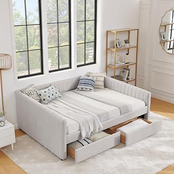 Queen Daybed with 2 Storage Drawers, Upholstered Queen Size Daybed with Vertical Stripes Linen Fabric, Sofa Bed Frame for Bedroom, Guest Room, Space Saving & No Box Spring Needed, Beige