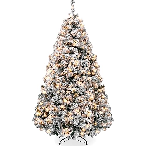 Best Choice Products Pre-Lit Artificial Christmas Tree, 4.5ft Snow Flocked Design Pine Tree, Full Appearance Snowy w/Easy Assembly, Metal Stand