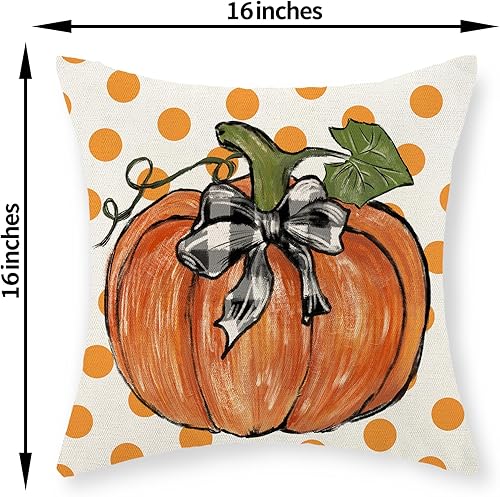 Miniatura 93 de Juego de 2 fundas de almohada de otoño de 18 x 18 pulgadas, hojas de arce de calabaza y búfalo a cuadros, decoración de otoño, de lino, Acción