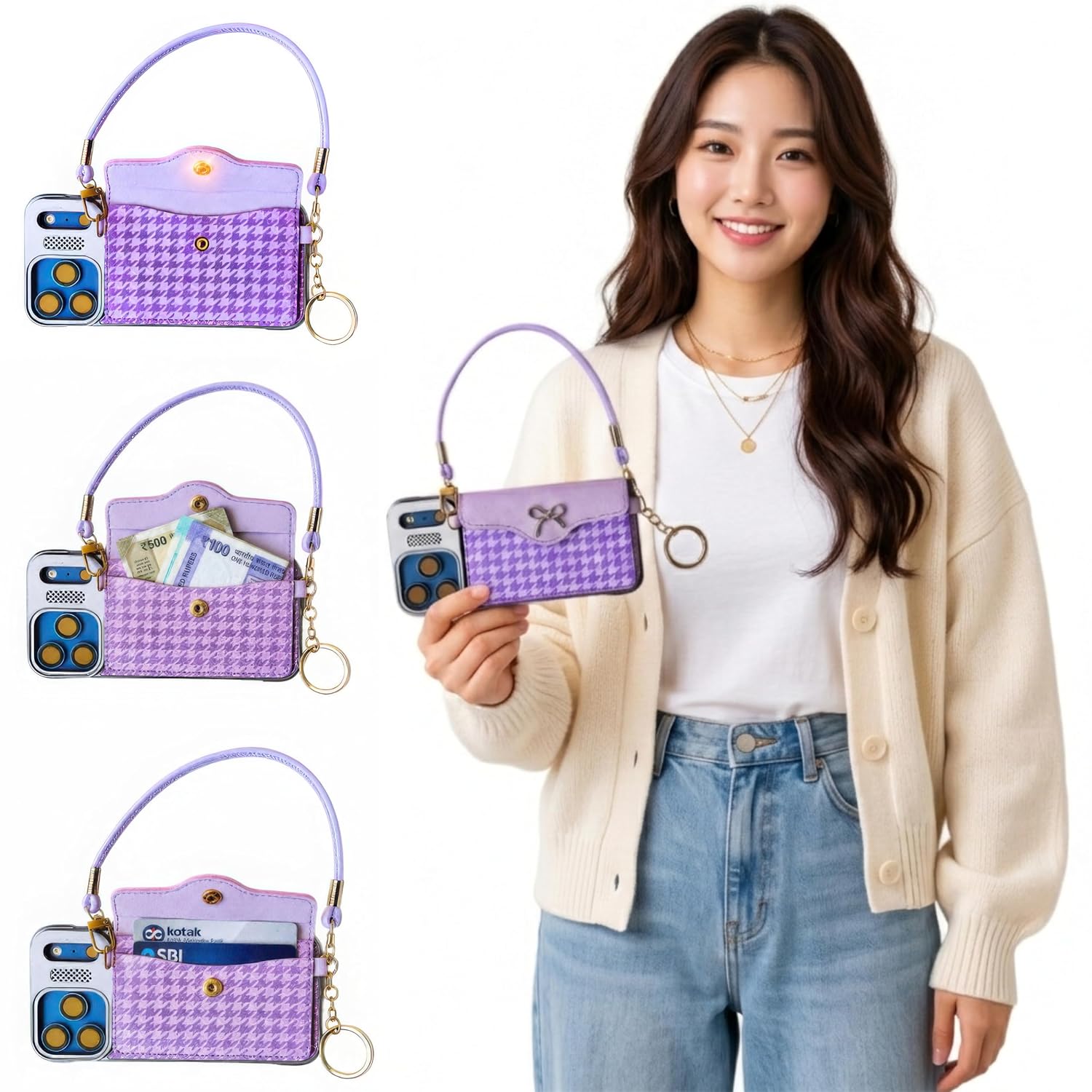 I Phone 17 Pro Max Cover Case Wallet Crossbody, I Phone 17 Cover Houndstooth Mini Bag, I Phone 17 Pro Max Cover Case with Card Holder Strap for Women and Men | Purple