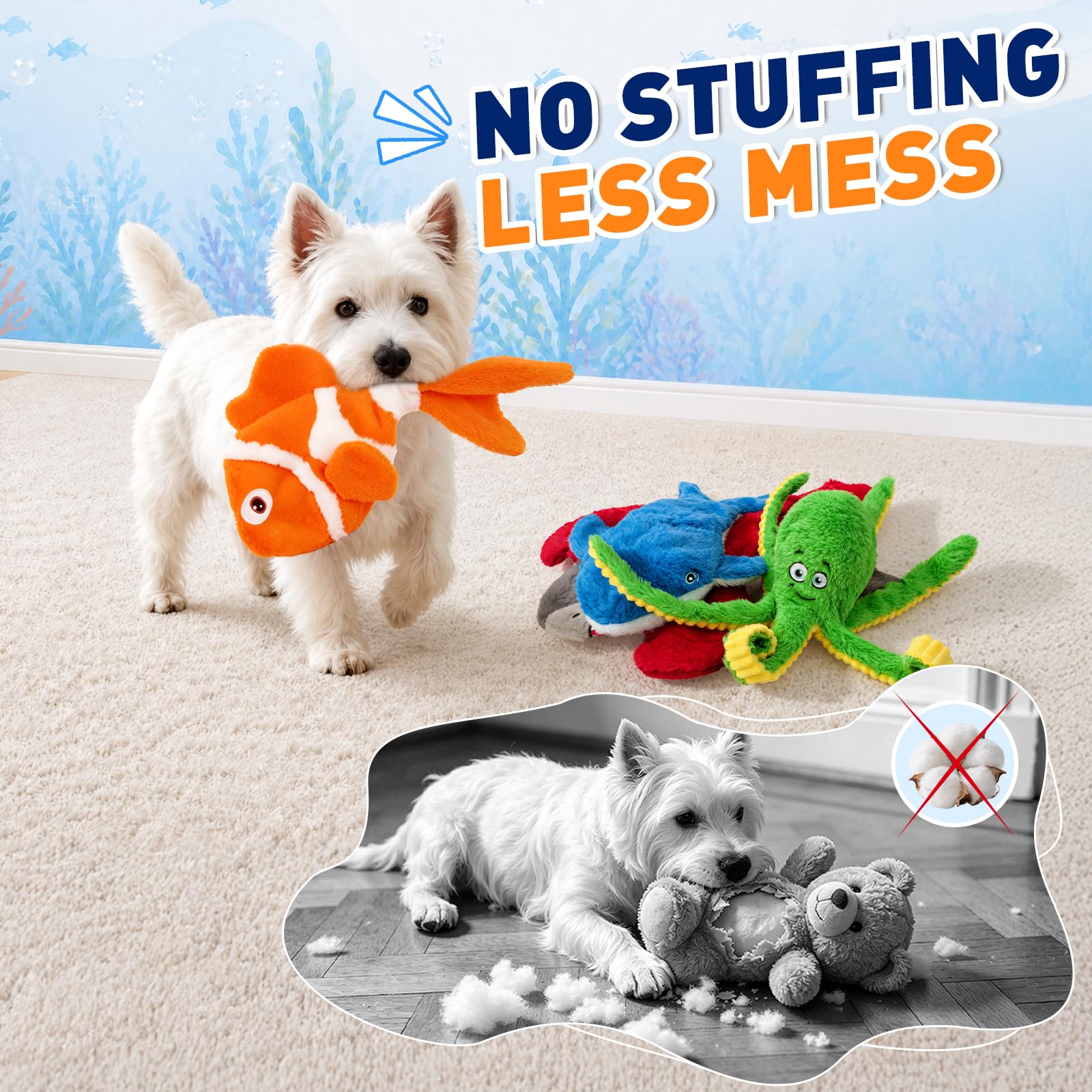 No Stuffing Squeaky Dog Toys - 5 Ocean Animal Set -3