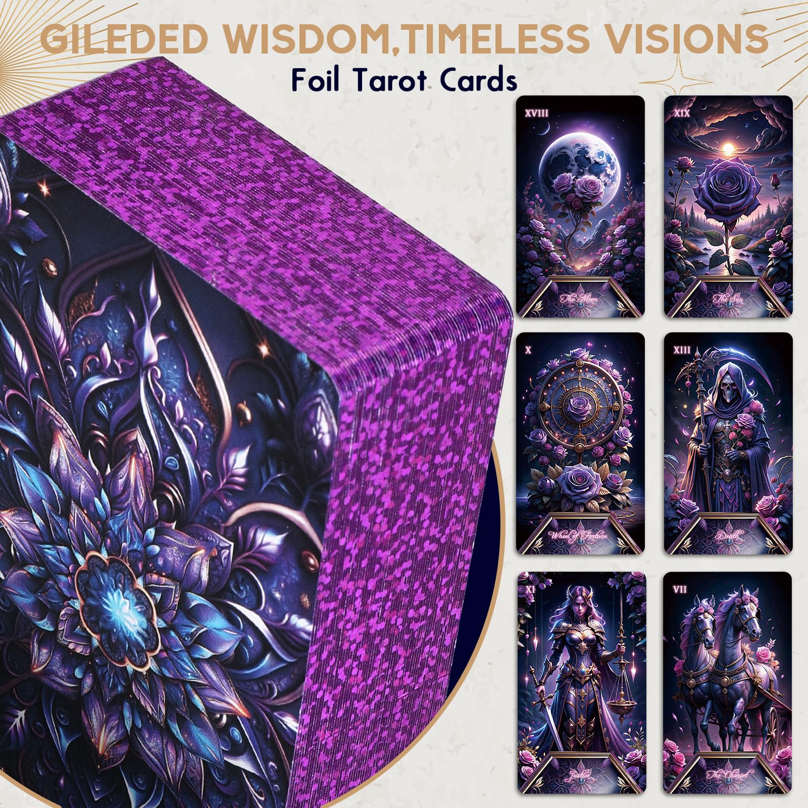 BQLXBABLT Tarot Cards Deck for Beginners with Guide Book Pretty Unique 400GSM Thick Purple Rose (Original) Tarot Oracle Cards with Embossed Edge Standard Size (4.75 * 2.75 in)