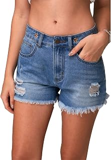 Silunma2021 Women's Button Front Ripped Shorts Frayed Raw Hem Jeans Shorts Stretch High Waist Pockets Casual Shorts