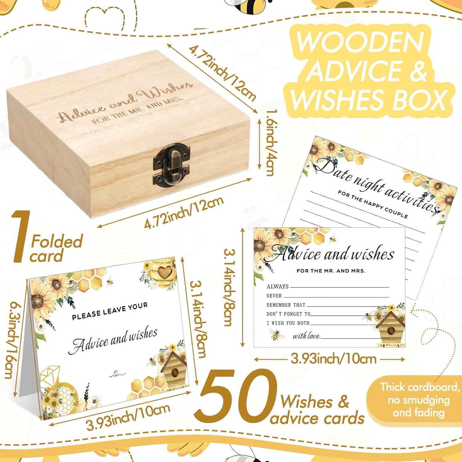 51 Pcs She Found Her Honey Wedding Advice and Wishes Cards with Wooden Box for The Mr and Mrs Bridal Shower Decorations Games for Bride Groom Reception
