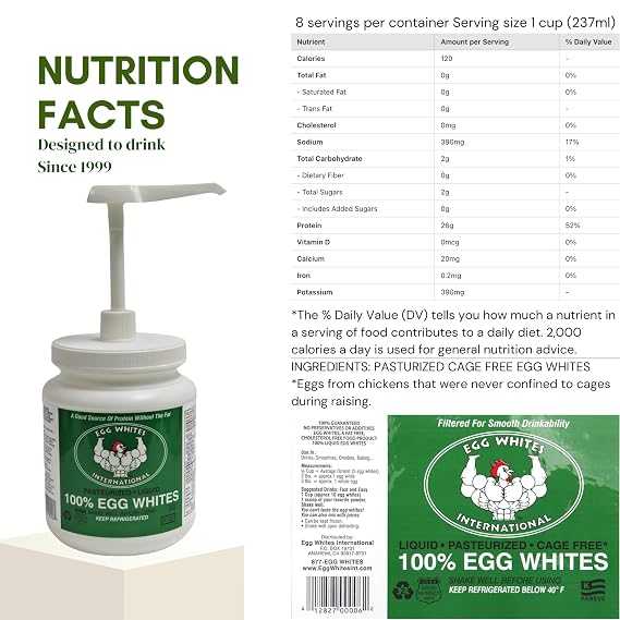 Egg Whites International 100% Pure Liquid Egg White Protein Designed to Drink. Now 100% CAGE Free (6 Half Gallons & Pump)