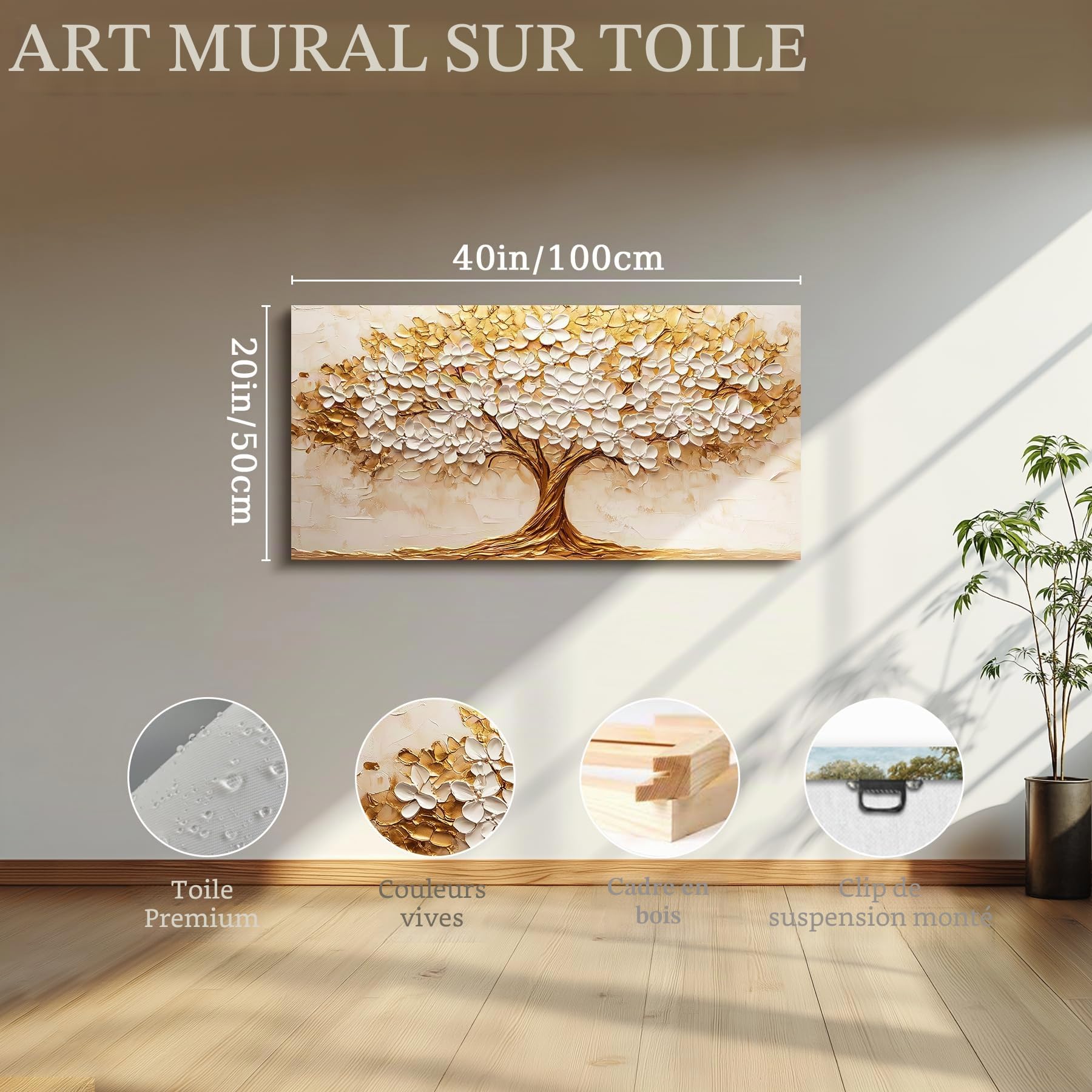 MHARTK66 Tableau Decoration Murale Salon Moderne, 50x100 cm Grand Impression sur Toile, Cadre Decoration Murale Arbres Dorés aux Fleurs Blanches, Décoration de Chambre Salle De Bain Maison Décorations
