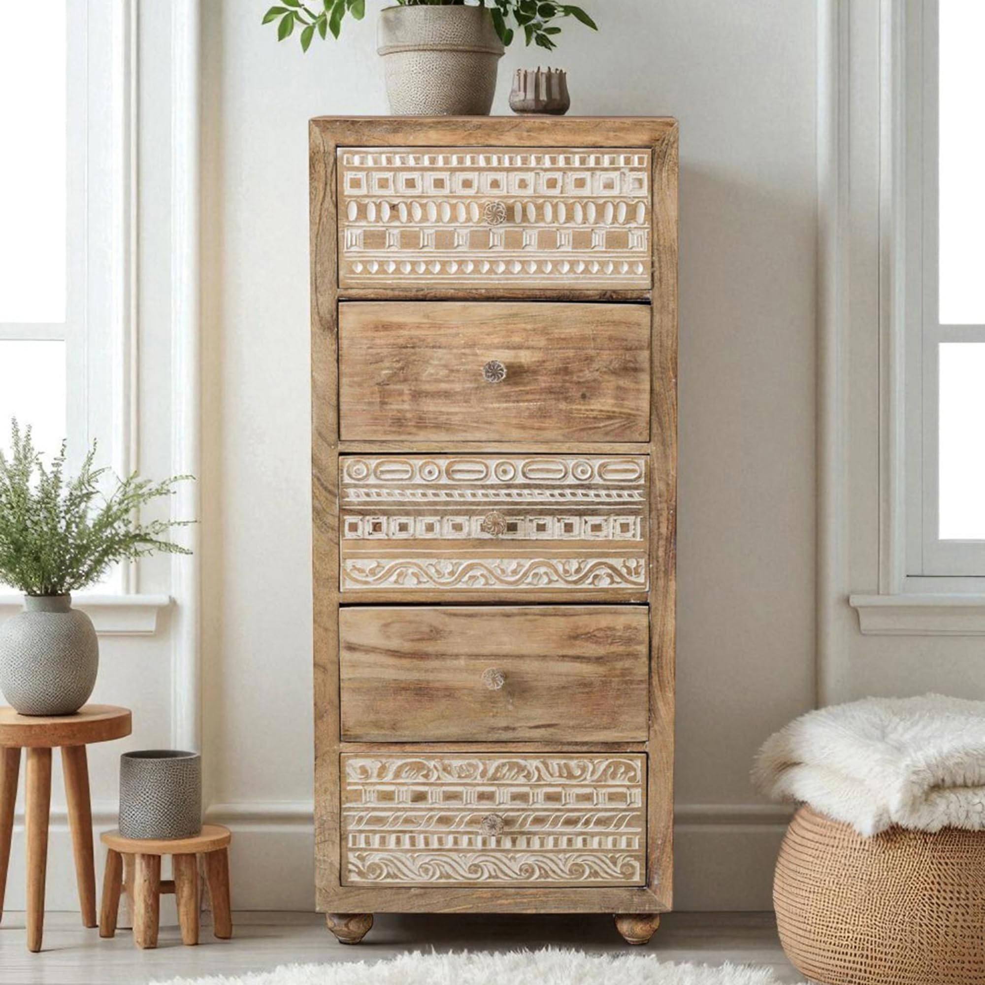 The Attic Jodhpur Tallboy Drawer Chest|Kitchen and Living Room Storage|Solid Wood|Natural Antique + White Matte Finish-image-44
