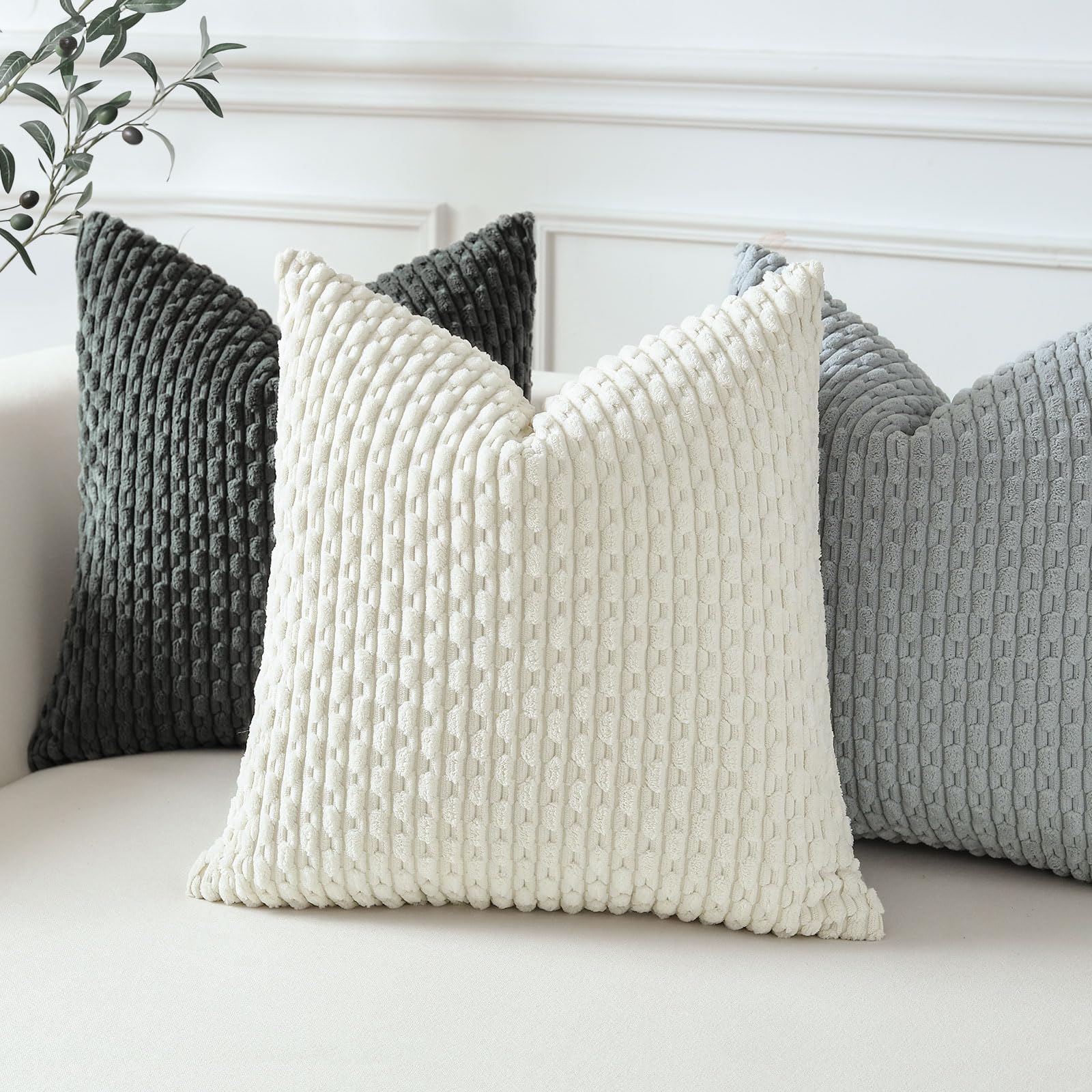 Sungeek Set of 2 Cream White Soft Corduroy Decorative Cushion Covers Boho Striped Throw Pillow Covers for Sofa Couch Living Room Patio Farmhouse Home Decor Pillowcases 40x40cm - Image 2