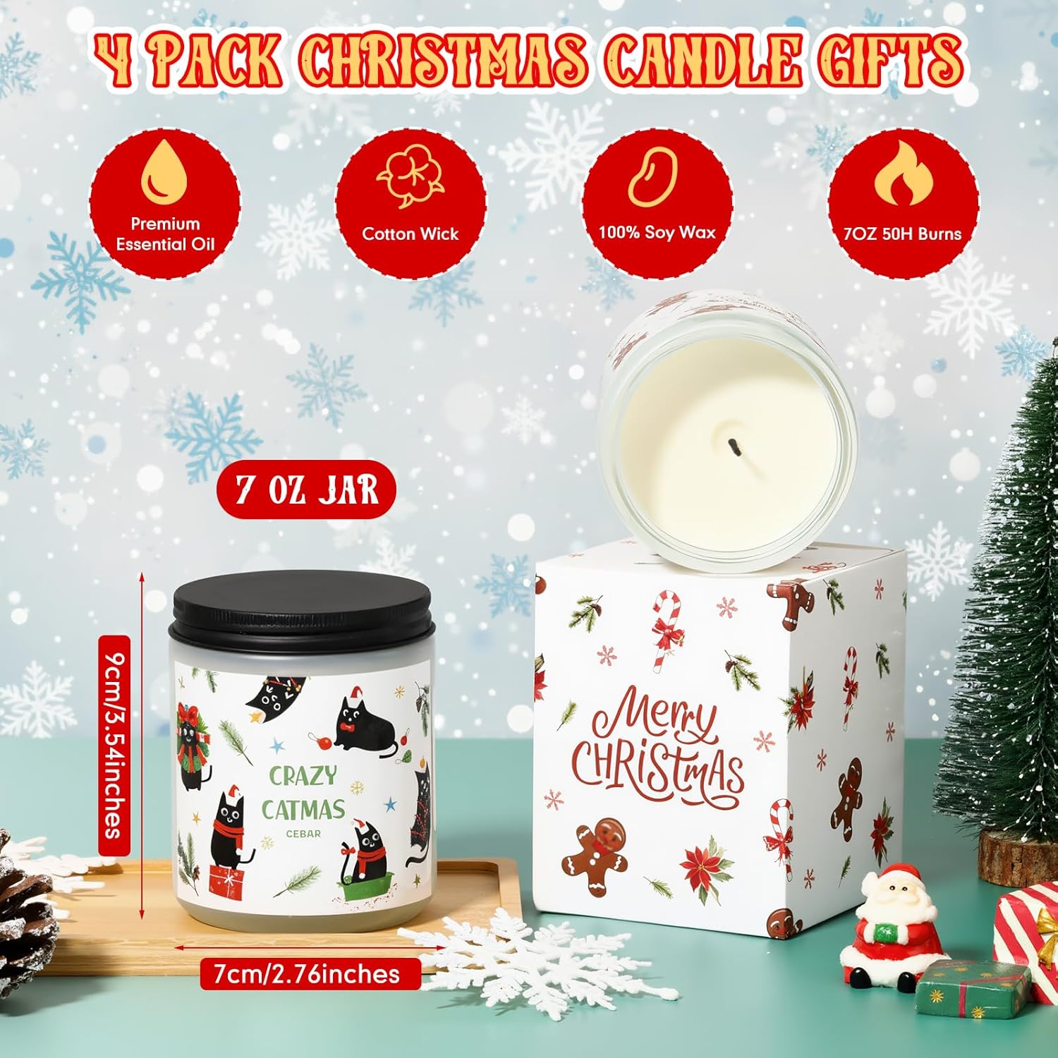 Fullhawl 4 Pack Christmas Gifts Scented Candles Set 7oz Soy Wax Winter Holiday Jar Candle Gingerbread Men Catmas Reindeer Box 4 Scents Xmas Cookies Vanilla Cream Apple Pie Cedar for Women and Mom