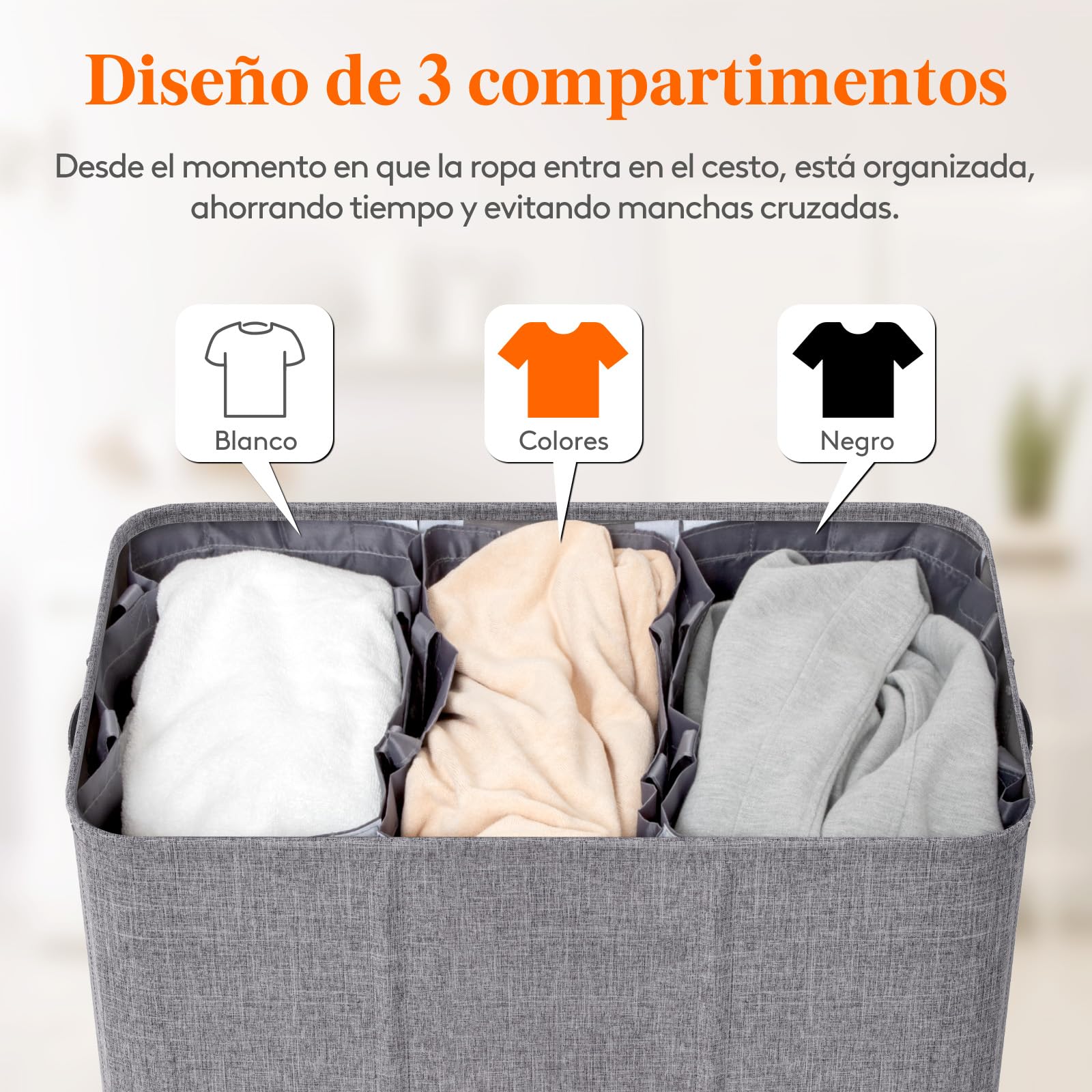 Lifewit 160L Cesto Ropa Sucia 3 compartimentos con Tapa, Grande Cubo Ropa Sucia con 3 Bolsas Para Colada Extraíbles, Cesto Ropa Sucia con Asas para Dormitorio Baño Lavanderia, Gris Claro