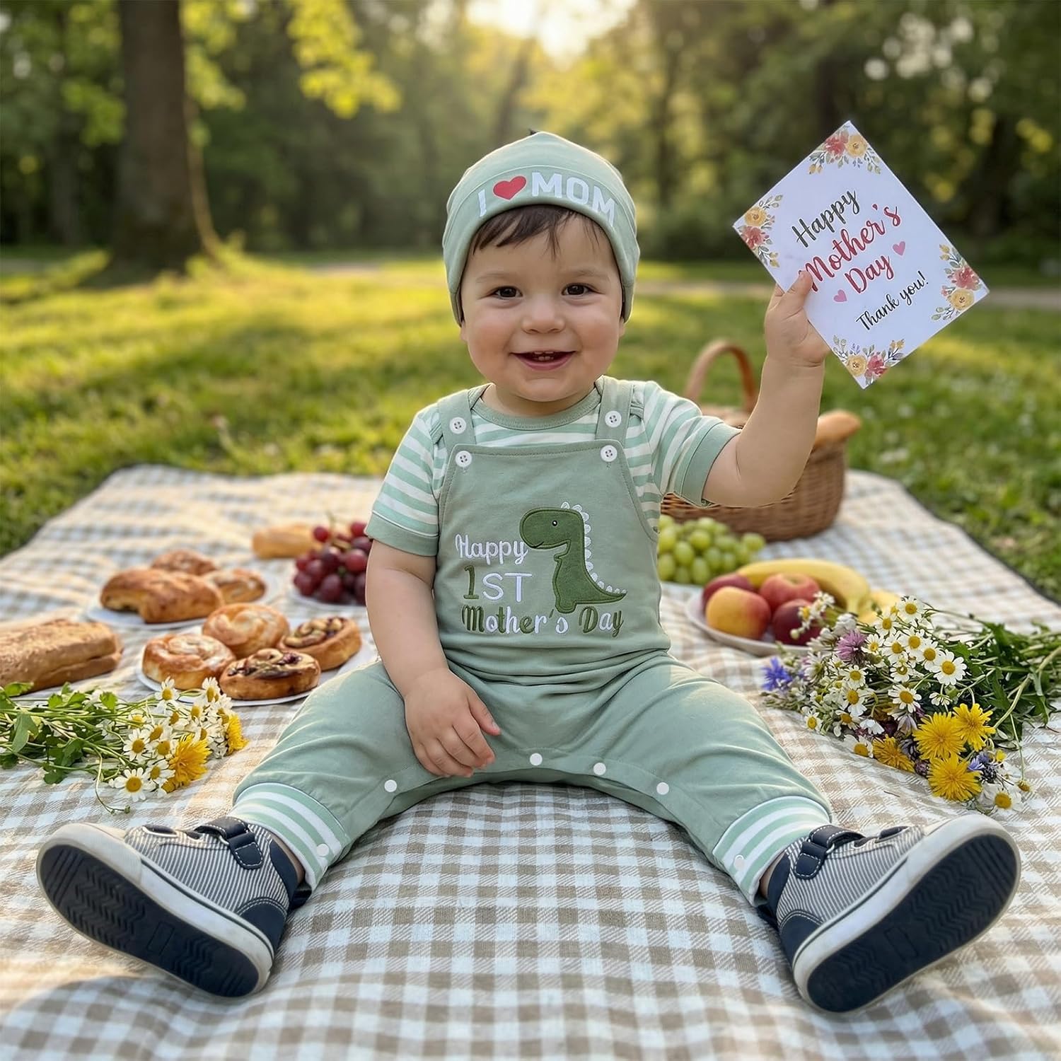 First Mothers Day Baby Boy Outfit Short Sleeve Stripe Romper Elephant/Dinosaur Embroidered Overall Pants and Hat Set - Image 3