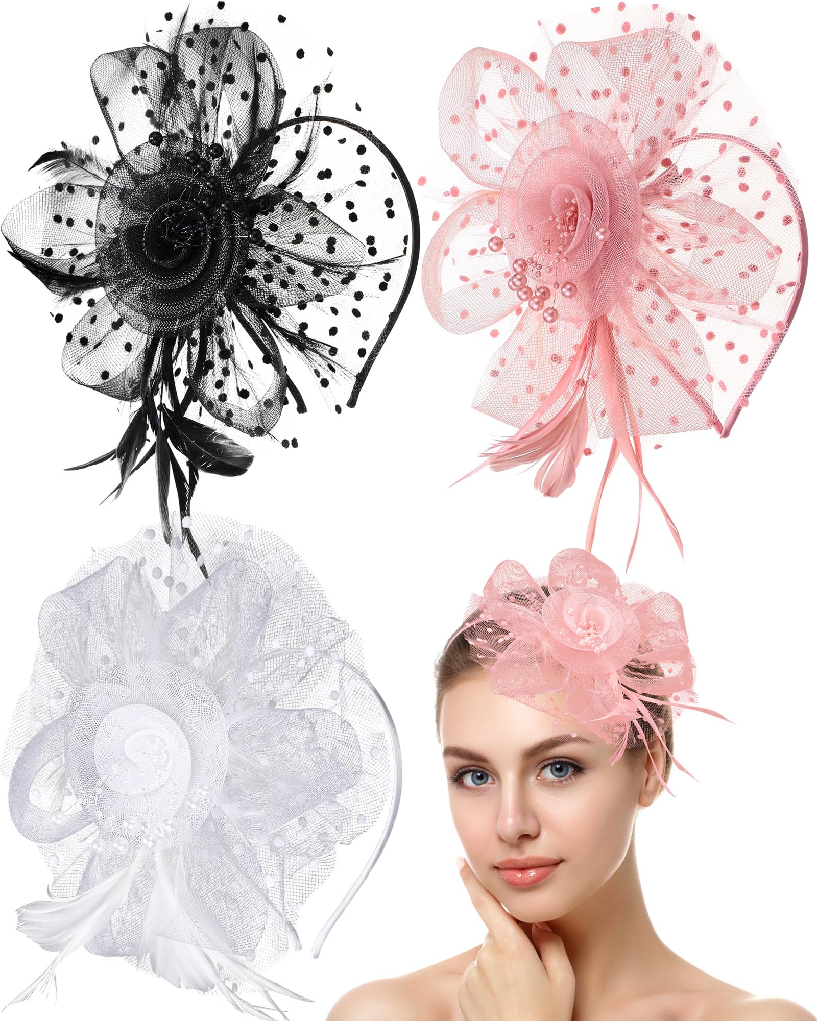 Yunsailing 3 Pack Fascinators Hats for Women Mesh Flower Feather Fascinator Hat with Headband and Clip for Tea Party Wedding Cocktail