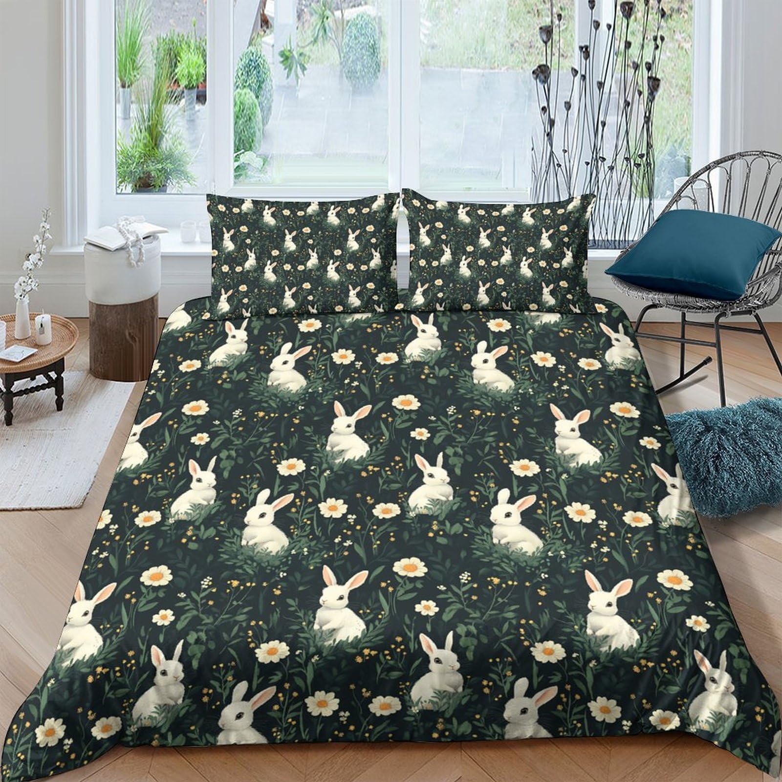 GPLZQXKJNH 3D Printed Rabbit Garden Duvet Cover Microfiber Soft Floral Bedding Set with 2 Pillowcases for Bedroom Decor Single（135x200cm）