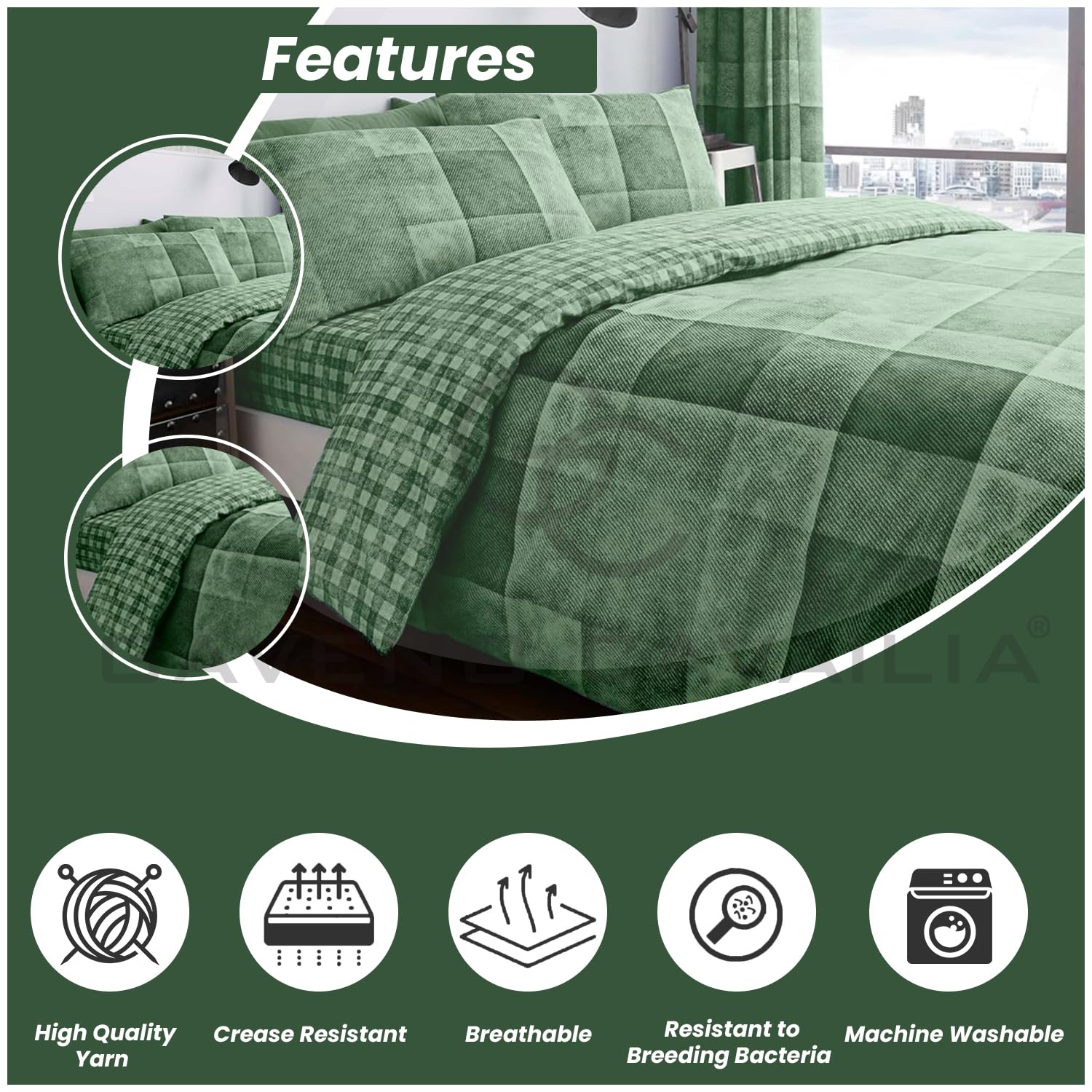 GC GAVENO CAVAILIA Checkered Duvet Cover King Size (230cm x 220cm) | Polycotton Bedding Sets King Size | Washable Linen | Green - Image 3