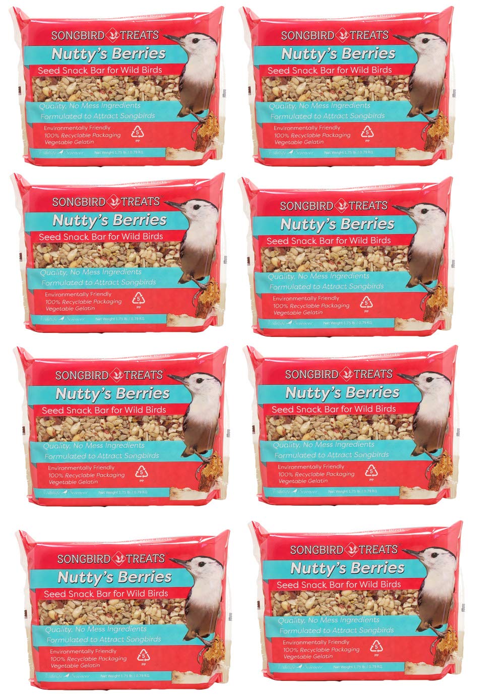 Wildlife Sciences Songbird Treats Seed Bars | 8 Pack of 1.75 lb Bird Seed Cakes for Wild Birds (Nutty's Berries)