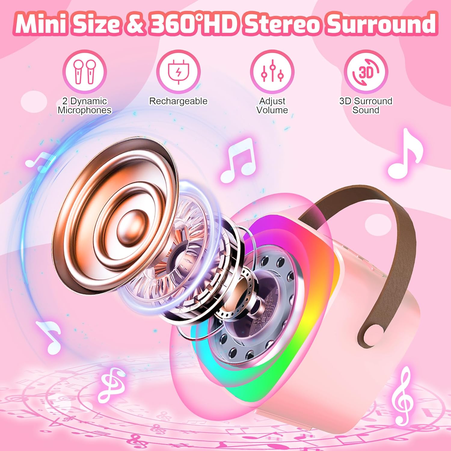 Mini Karaoke Machine for Kids Adults, Portable Bluetooth Speaker with 2 Wireless Microphones, Karaoke Kids Toys Christmas Birthday Gifts Ideas for 4-12 Years Old Girls Toys - Image 4