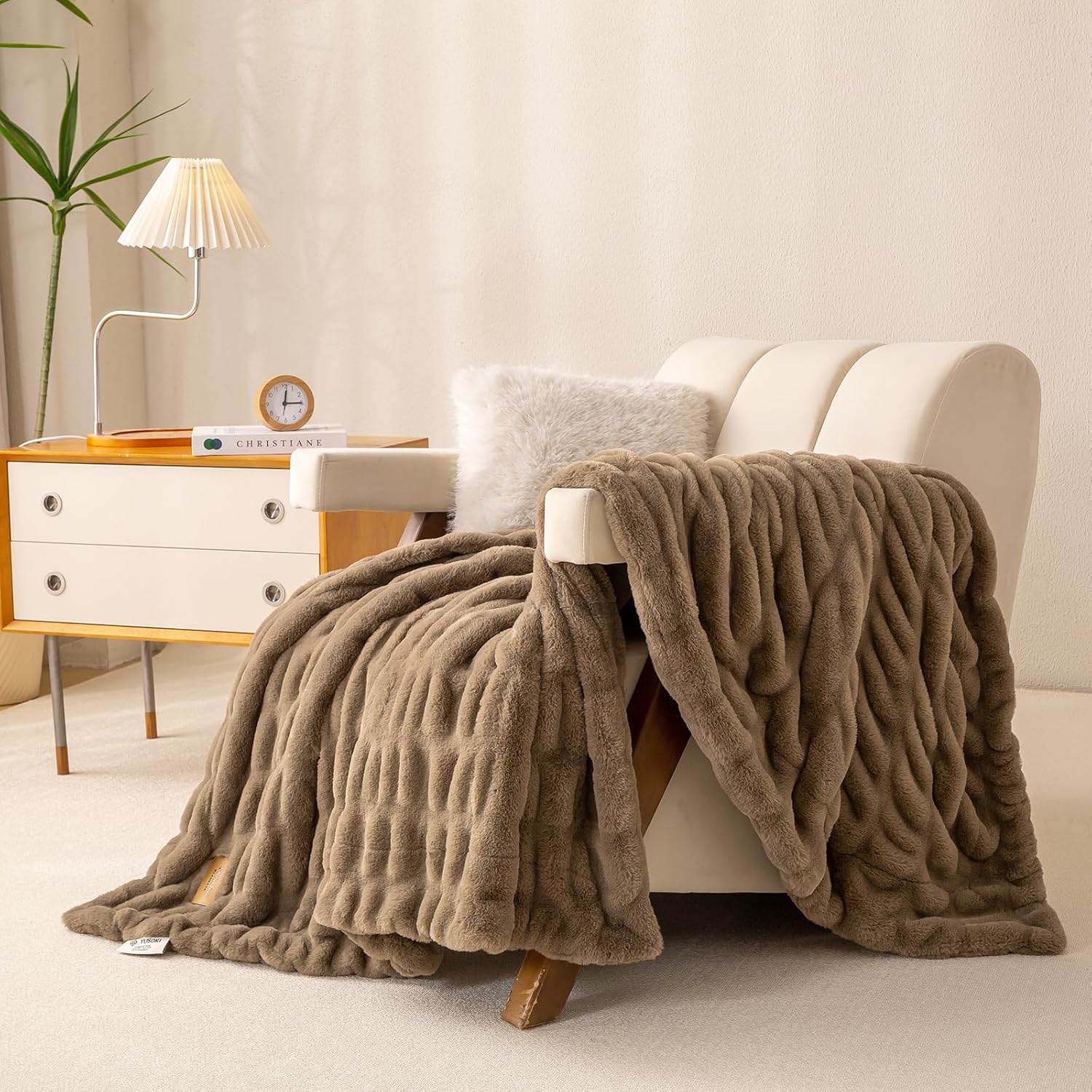 YUSOKI Luxury Double Side Faux Rabbit Fur Throw Blanket for Couch, Ultra Soft Fluffy Throw Gifts, Plush Thick Warm Luxury Decor Gifts for Home (Desert Dune, Medium (50 X 60 inches)) - Image 3