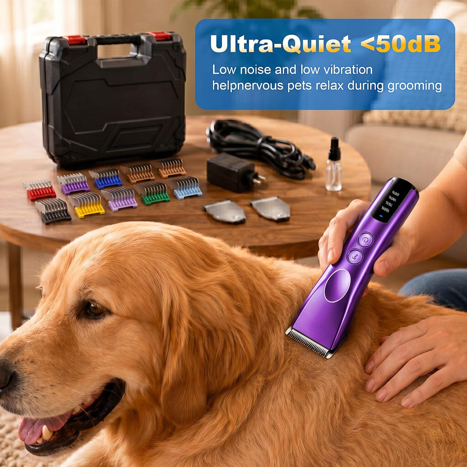 Tosatrice professionale per cani, kit per toelettatura animali domestici a 2 velocità, con 2 lame staccabili, 8 pettini in metallo, silenzioso, resistente, senza fili, per tutti i cappotti