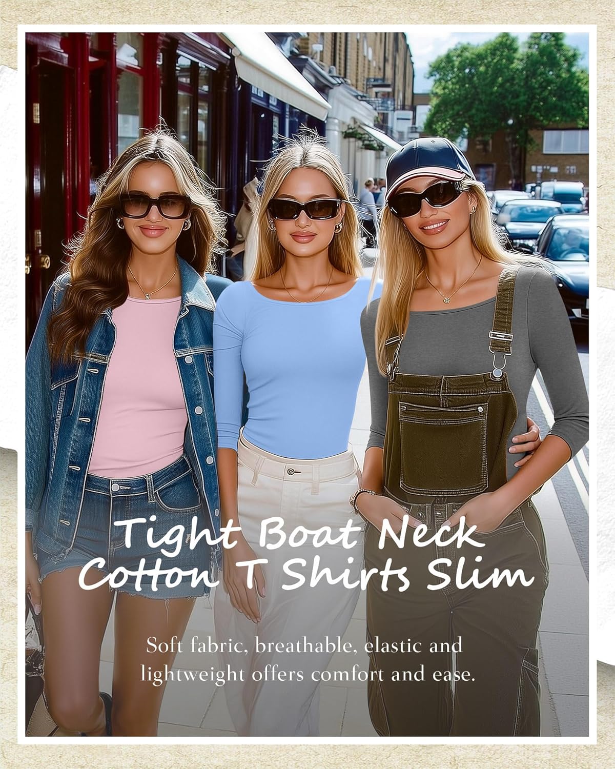 Ficerd 5 Pack 3/4 Sleeve Tops for Women Tight Boat Neck T Shirts Slim Fit Three Quarter Sleeve Tees Basic Casual Tops