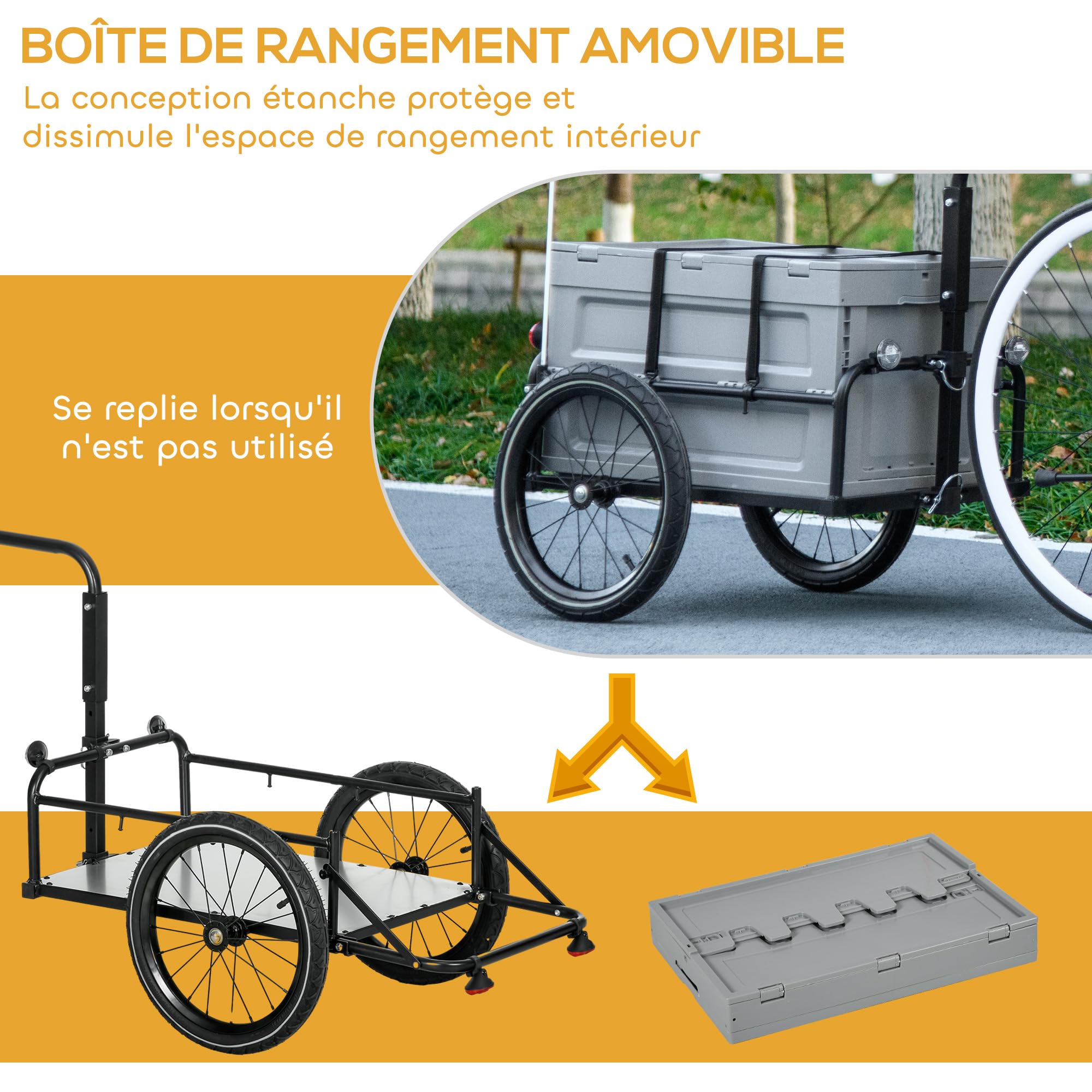 HOMCOM Remorque Chariot à vélo 65L Pliable avec Coffre Amovible, 40KG