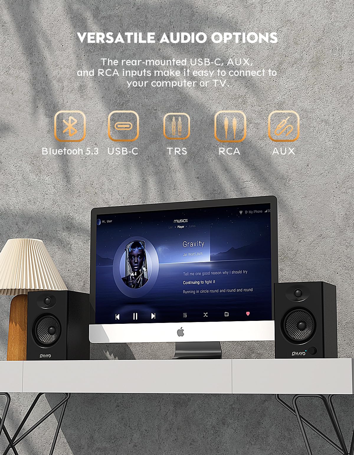 OHAYO 60W Altavoces autoamplificados, Bluetooth 5.3 y múltiples entradas (USB/RCA/AUX). Ideales para Gaming inmersivo en PC, música, DJ y Tocadiscos. Sistema estéreo 2.0 para Escritorio, 1 par, Negro
