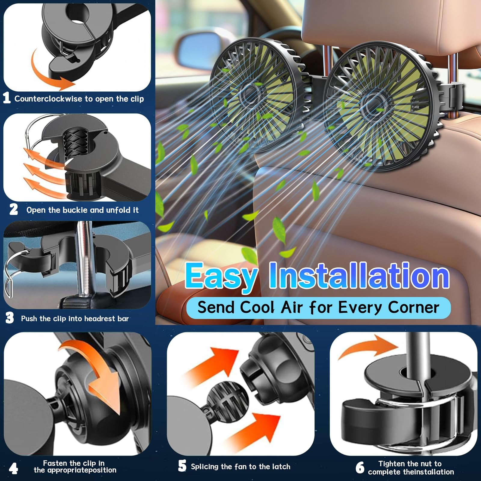 Qidoe Ventilatore Auto 12V: Ventole Portatile USB per Auto - Doppia Testa 3 Velocità Silenziose Rotazione 360° Aria Fresca per Sedili Posteriori, Bambini e Animali - Per SUV, Furgoni, Camper e Viaggi