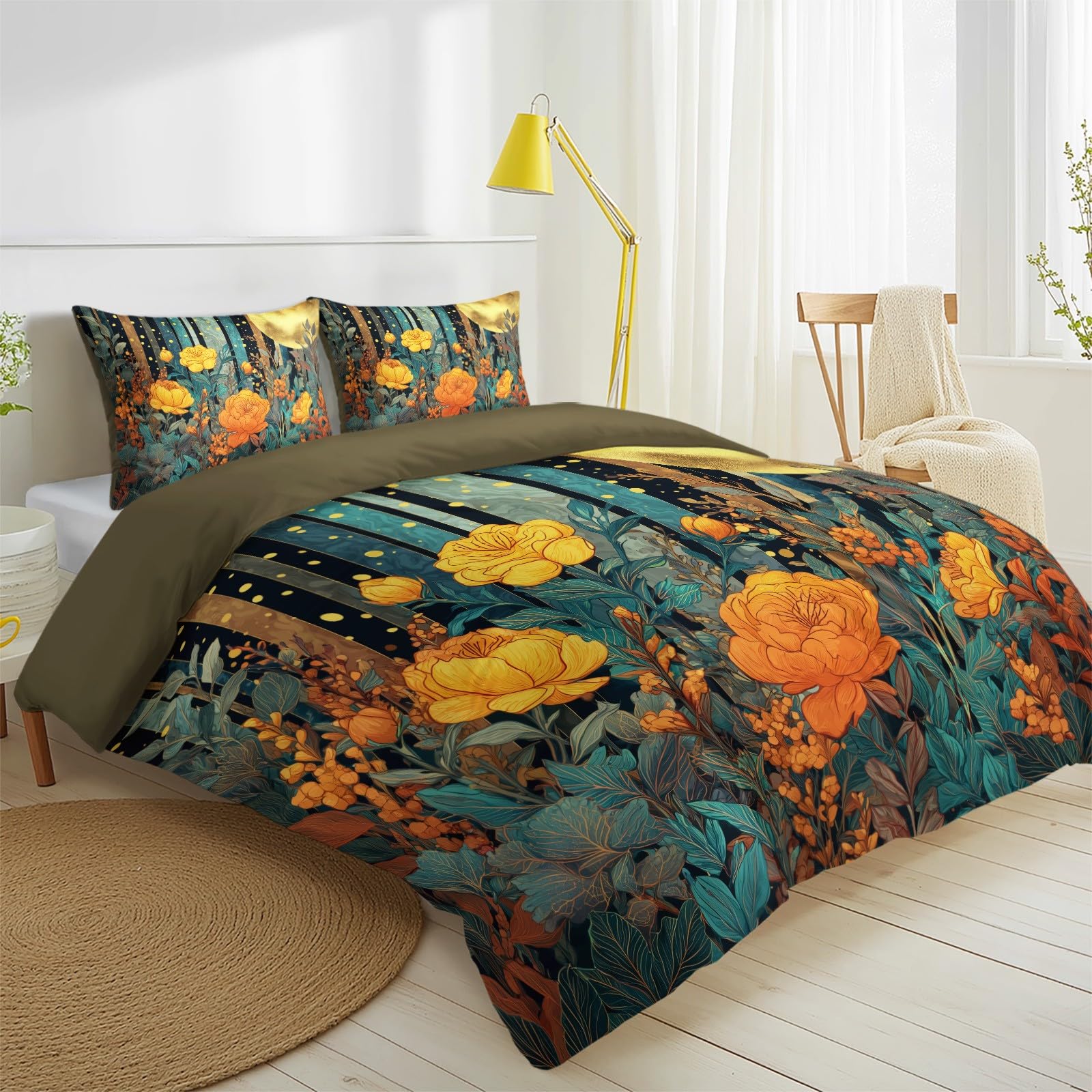 Generisch Art Garden komplet pościeli bajecznie pomarańczowe kwiaty, księżyc w pełni, zestaw pościeli 200 x 200 cm, 3-częściowy zestaw dekoracyjny, poszewka na kołdrę z mikrofibry, poszewka na kołdrę