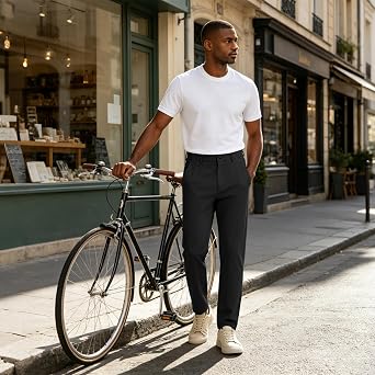 Mens Classic Fit Flat Front Casual Pants Expandable Waist Khaki Chinos Pants Men