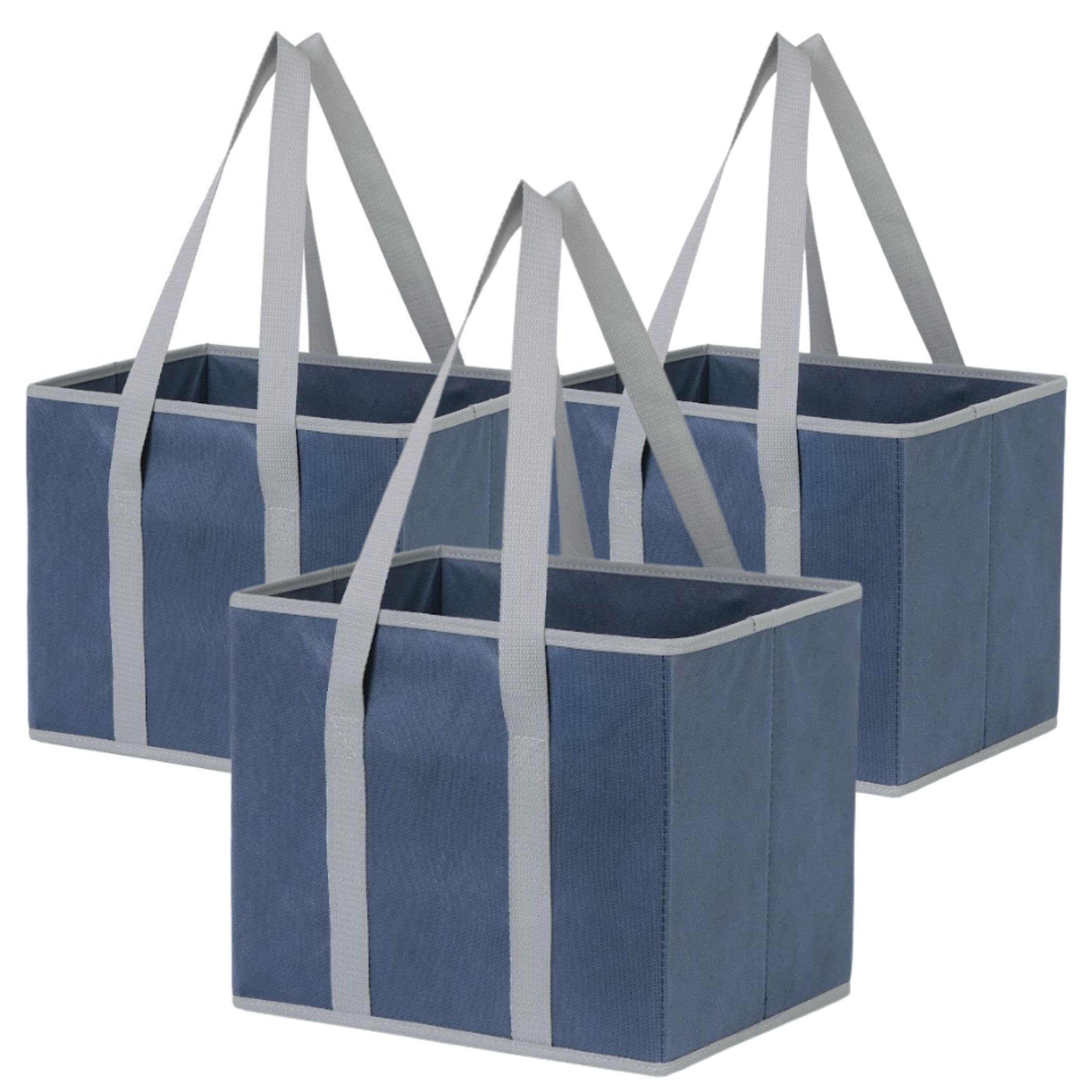 VENO Lot de 3 Sacs de Courses et Cabas Réutilisables avec Poignée, Sac Shopping Résistant, Base Renforcée, Sac Caddie Pliable, Tote Bag, Debout (Bleu foncé, Lot de 3)