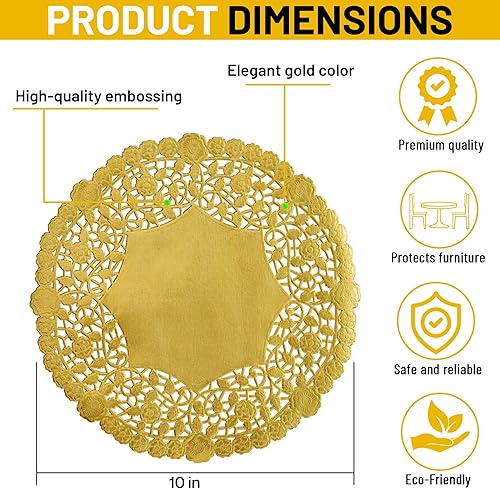 Miniatura 3 de The Baker Celebrations 50 manteles individuales de encaje dorado de 10 pulgadas, manteles individuales desechables decorativos dorados metálicos