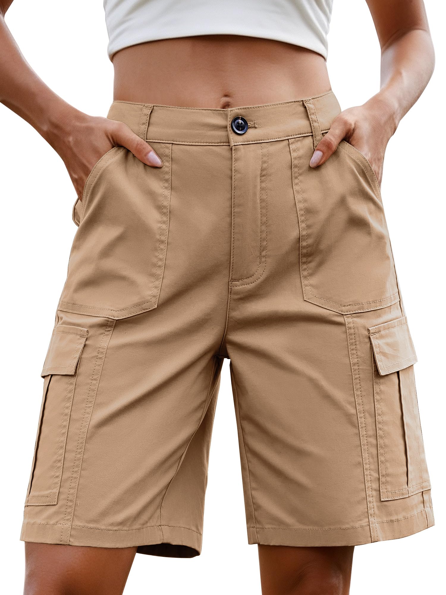 StylSense Kurze Hose Damen Sommer Bermuda Cargo Jeans Shorts Baumwolle Hohe Taille mit Elastischem Bund und 6 Taschen