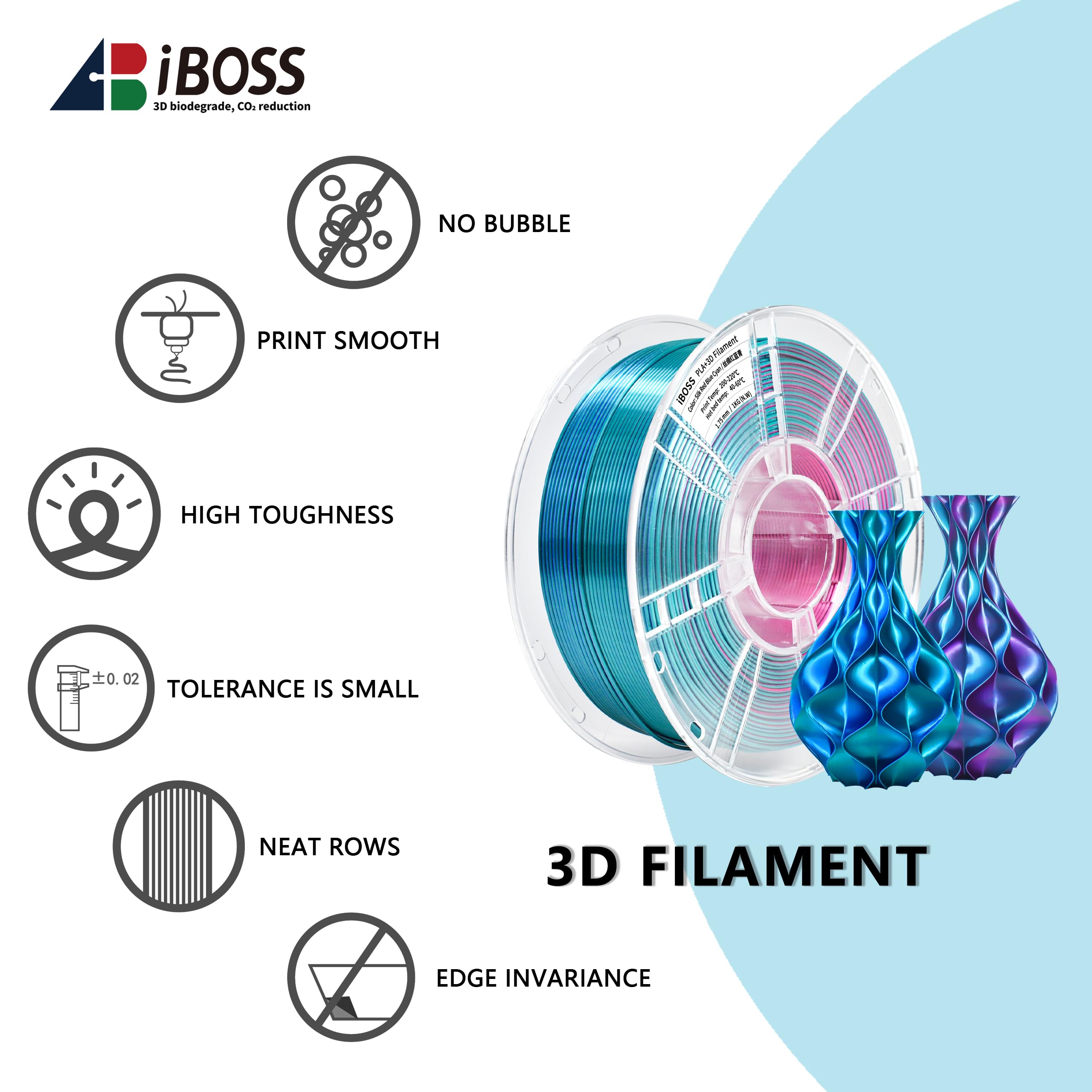iBOSS Filamento PLA+ de seda rojo-azul-cian de 1 kg, 1.75 mm, filamento para impresora 3D