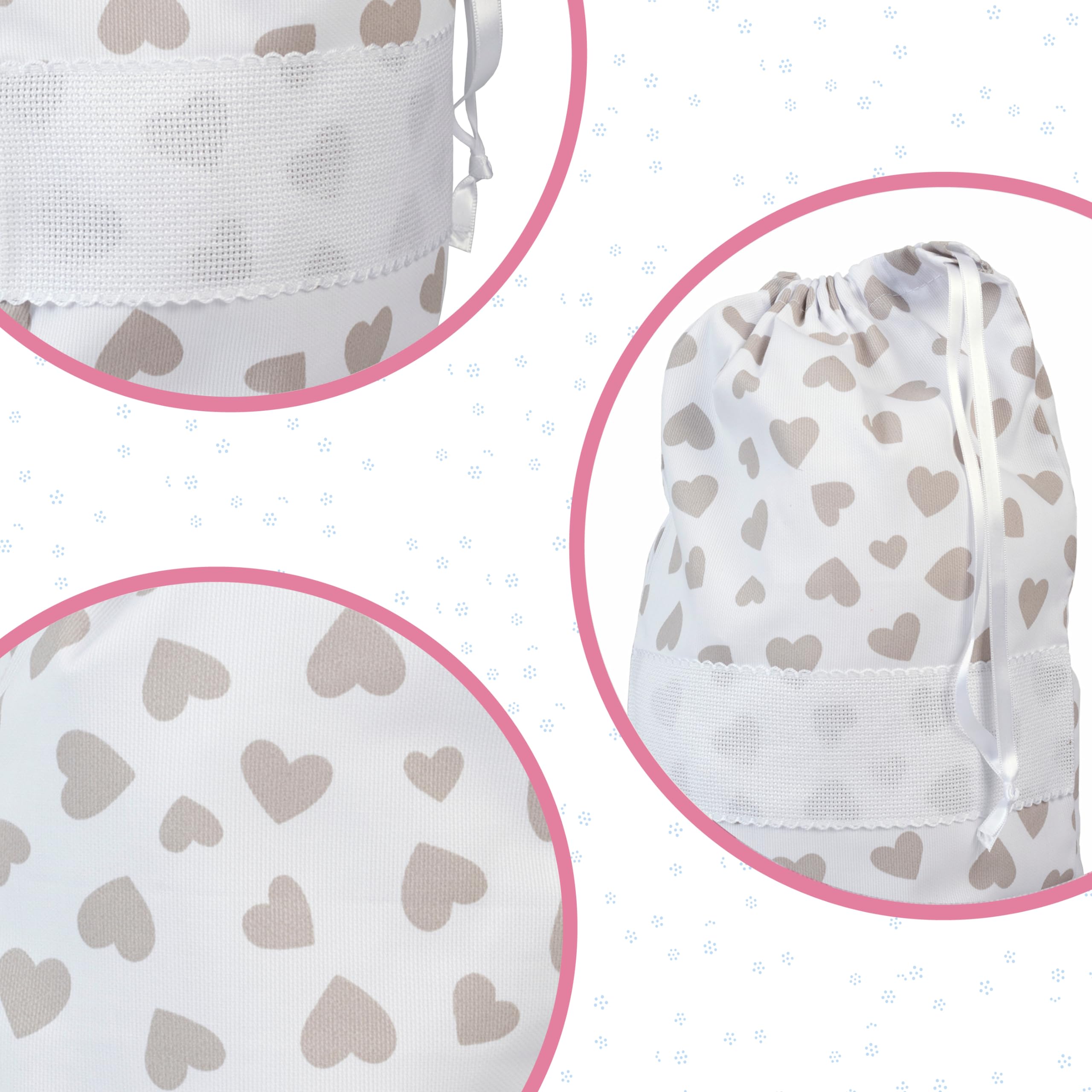 Filet - Bolso De Canastilla Bebé con Cierre De Cordón para Bordar, Fabricada en algodón Piquet Estampado, Fabricada en Italia, Fantasía Corazones Beige, Moderno