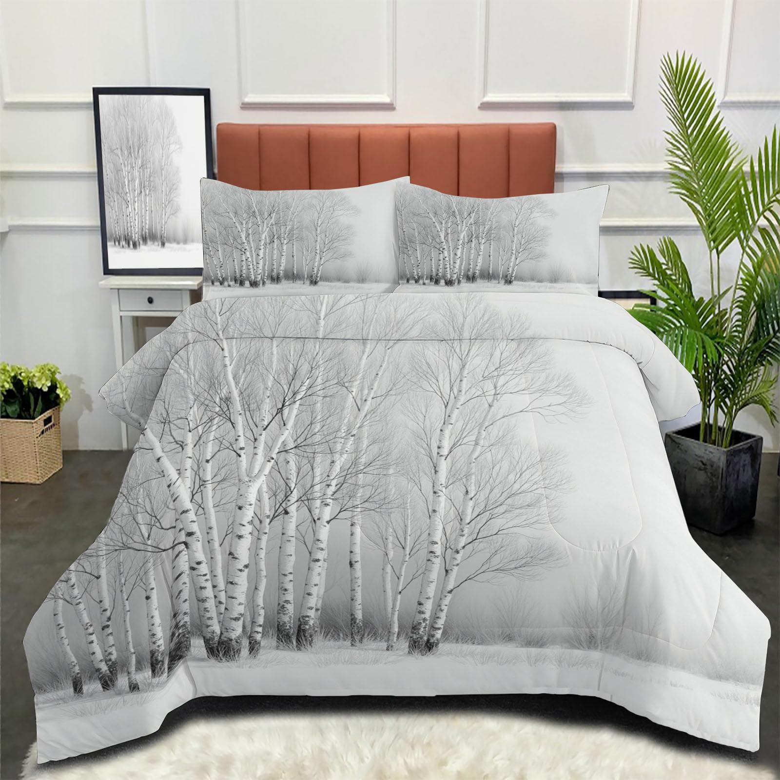 Edredón Cama 180 Abedules Juego de Edredón Reversible Bosque De Invierno Nórdico Acolchado Ligero y Cálido con Fundas para Cualquier Temporada, Gris, 260x230cm