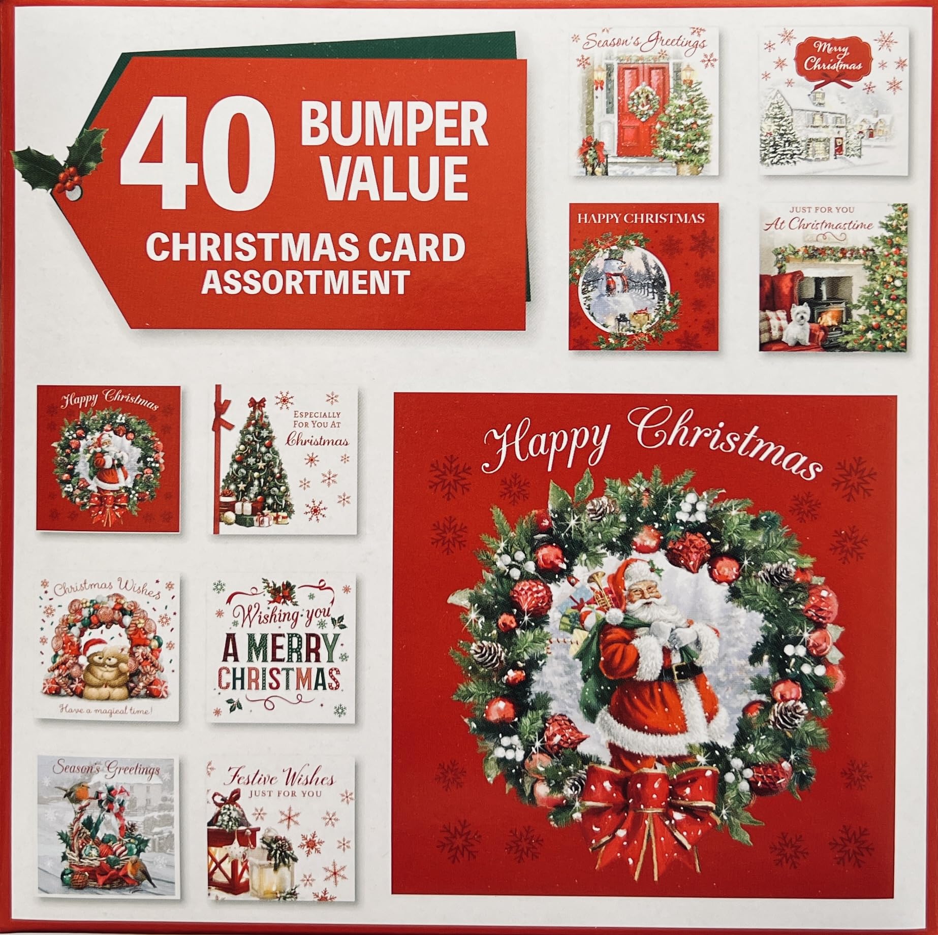 Christmas Cards Multipack - Pack of 40, Xmas cards Pack of 40, 10 Assorted Festive Designs, Traditional Christmas Scenes with Wreath, Robin, Dog by the Fireplace and Winter Landscapes
