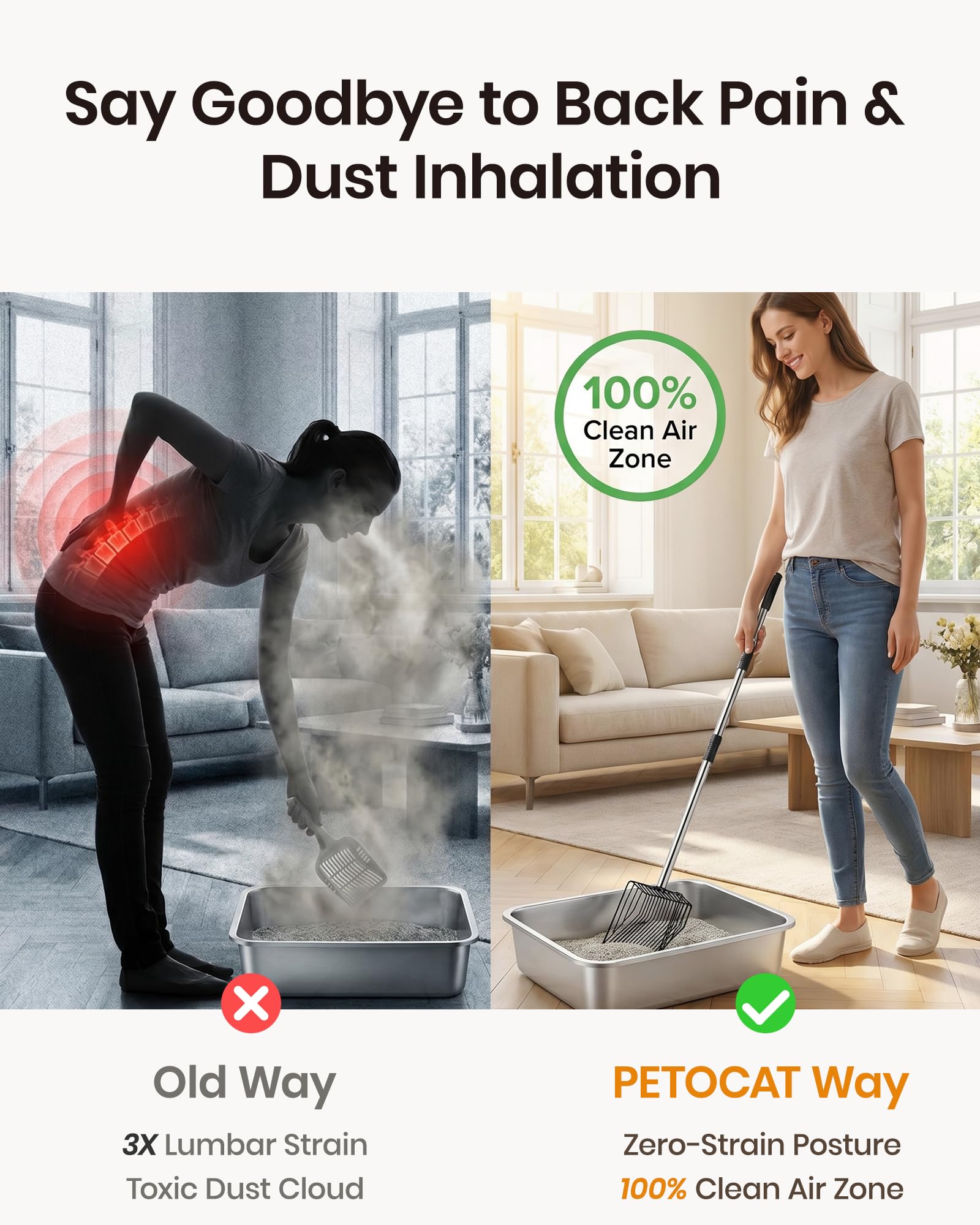 PETOCAT Cuchara de Arena para Gatos con Soporte, Pala de Arena de Metal de 43 Pulgadas con Mango Largo de Acero Inoxidable, Pala Grande para Gatitos, Pala Profunda Resistente para tamizar rápidamente