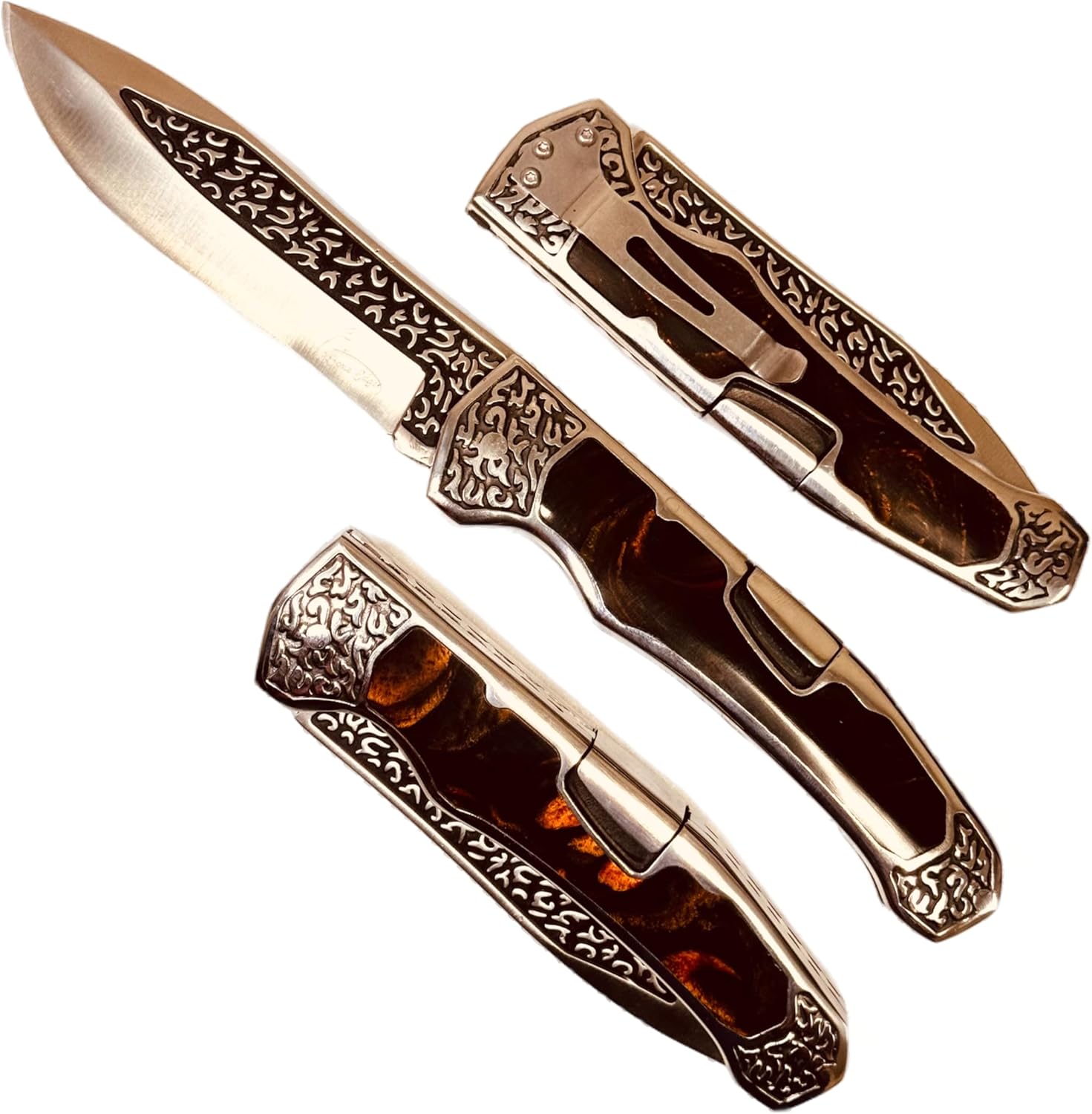 Floral engraving manuel open lock back pocket knife 13363