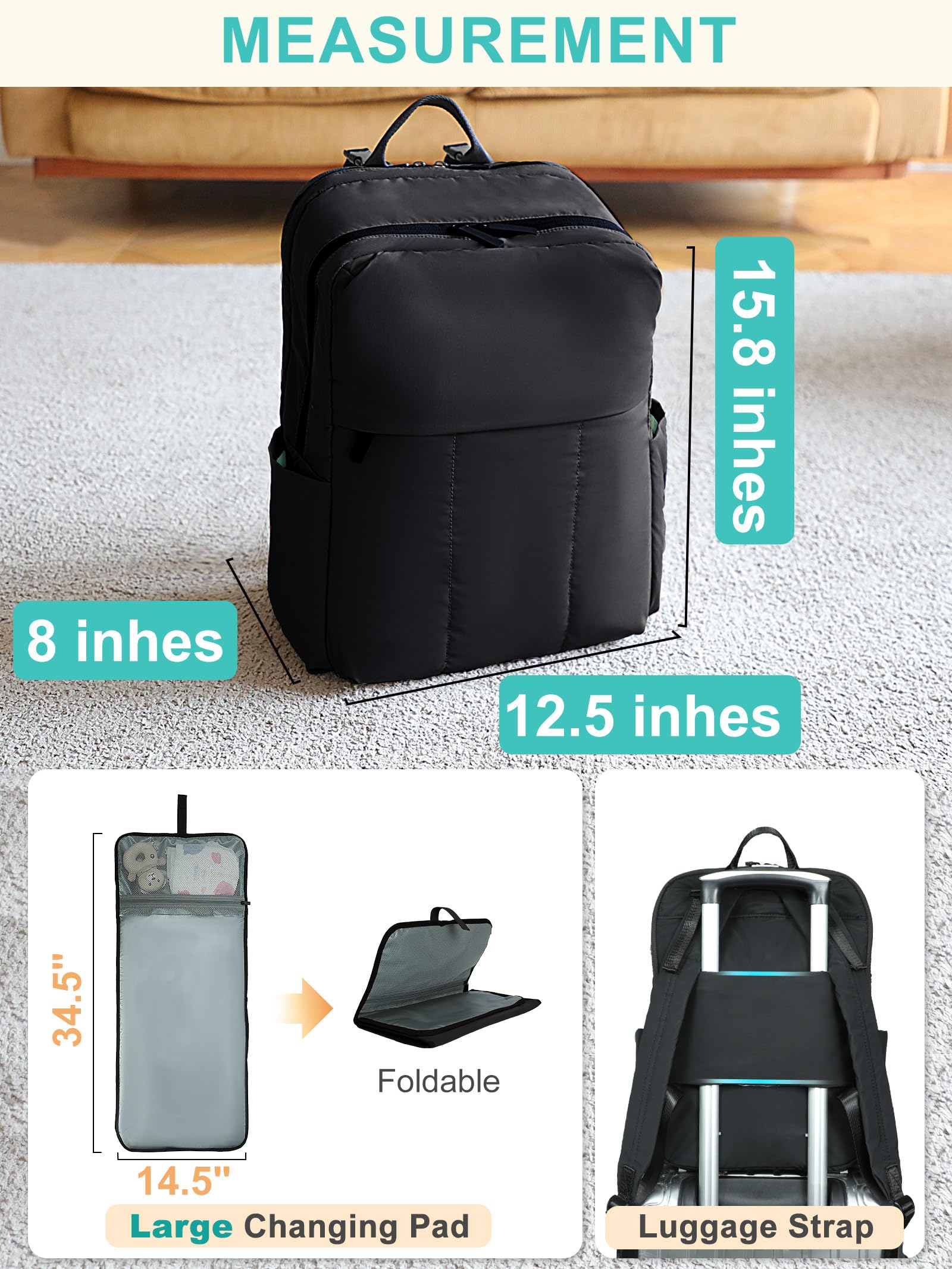 MOMINSIDE Mochila para pañales con 15 bolsillos, bolsa acolchada para bebé para niños y niñas, lista de regalos de bebé, cambiador grande