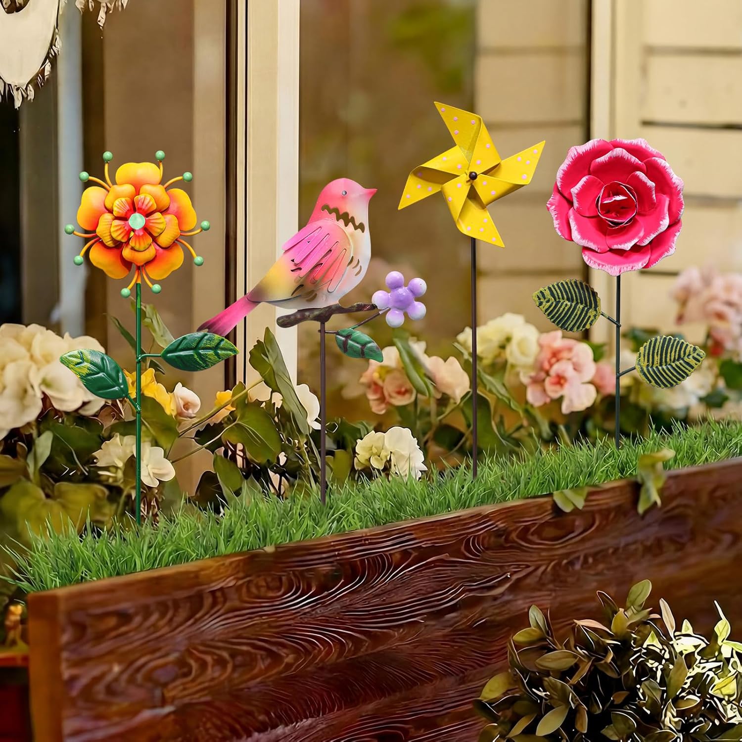 8 Pcs Metal Flower Garden Stakes for Outside Outdoor 14" Spring Wildflowers Metal Signs Waterproof Decorations Bird Dragonfly Windmill Landscape Ornament for Lawn Yard Garden Patio Porch Art