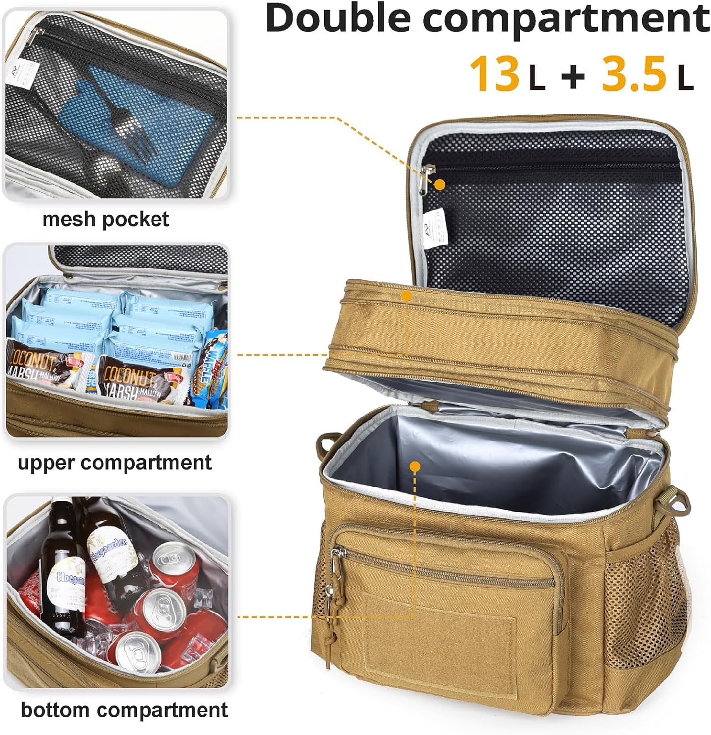 ATRIPACK Lunch Bag for Men, Double Deck Tactical Lunch Box Work with Shoulder Strap MOLLE Webbing Large Lunch Cooler Leakproof Insulated （Brown）