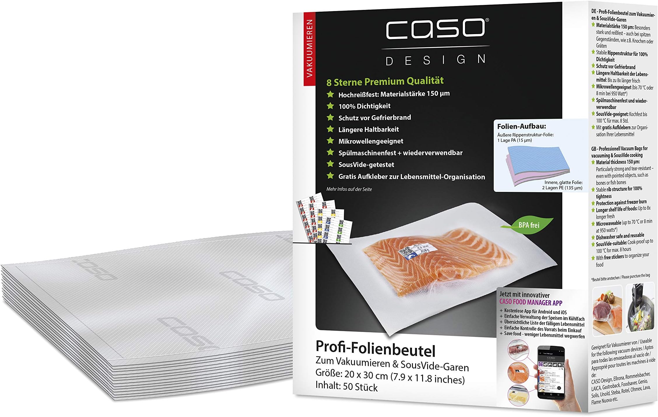CASO professional foil bag 20x30 cm / 50 bags, for all beams vacuumer, BPA-free, very strong & tearproof approx. 150µm, boil-proof, Sous Vide suitable, reusable, suitable for foil welding machines