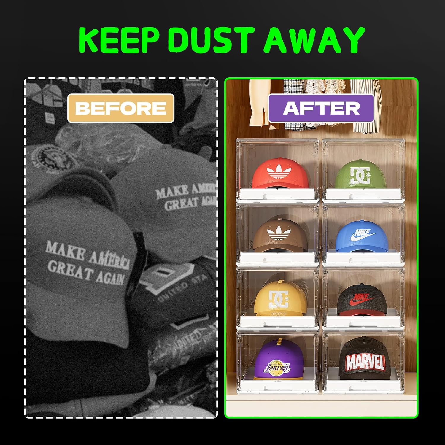 Hat Organizer for Baseball Caps Storage Organizer with Sliding Trays, Stackable Hat Boxes Holder Rack with Drawer, Clear Display Case for Hats Snapback Cap, Hold 12 Hats Each, 1 Pack