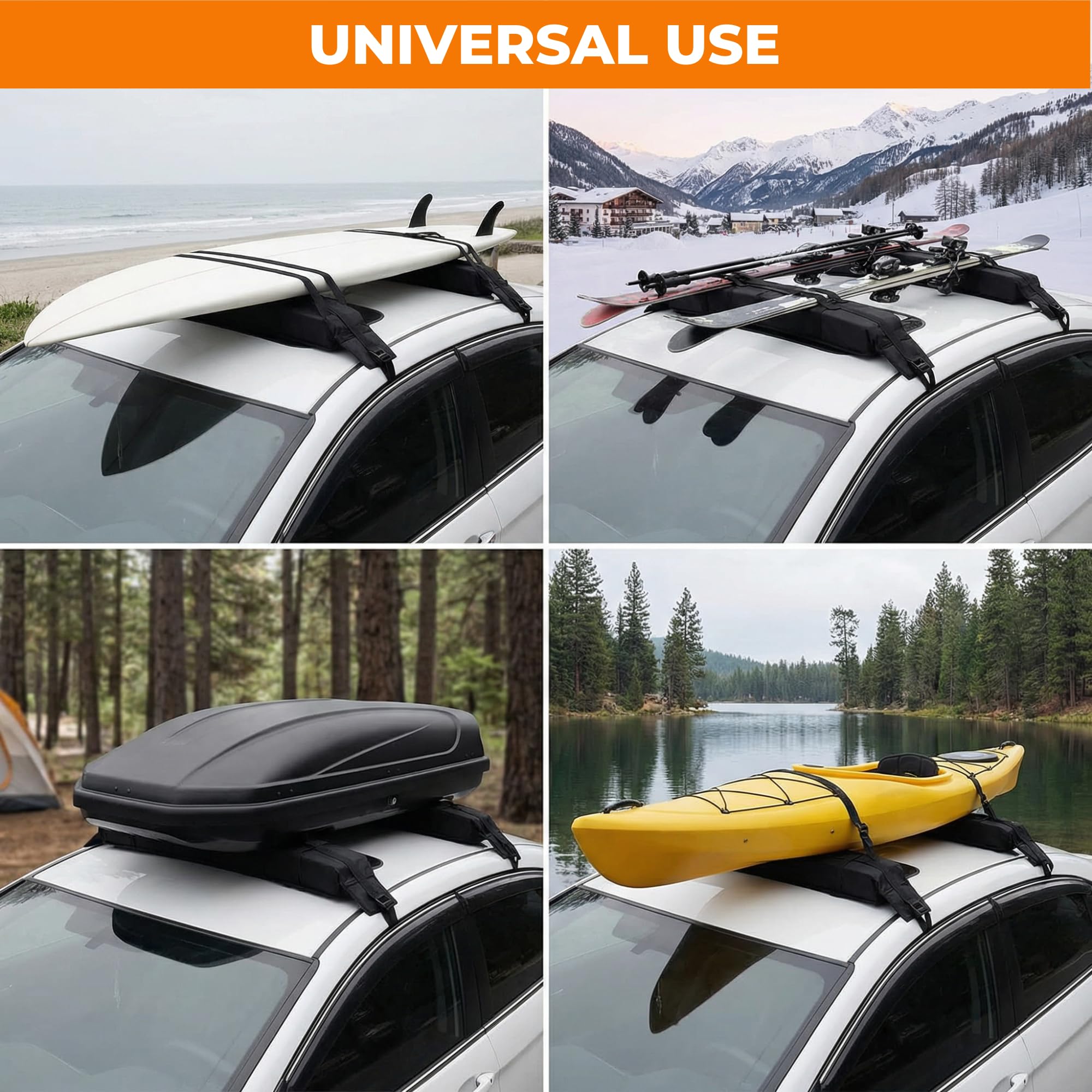 Barras de Techo Suaves Universales para Coche, Baca Portaequipajes Acolchada Plegable con Correas y Ganchos para Kayak, Surf, Esquís y Equipaje