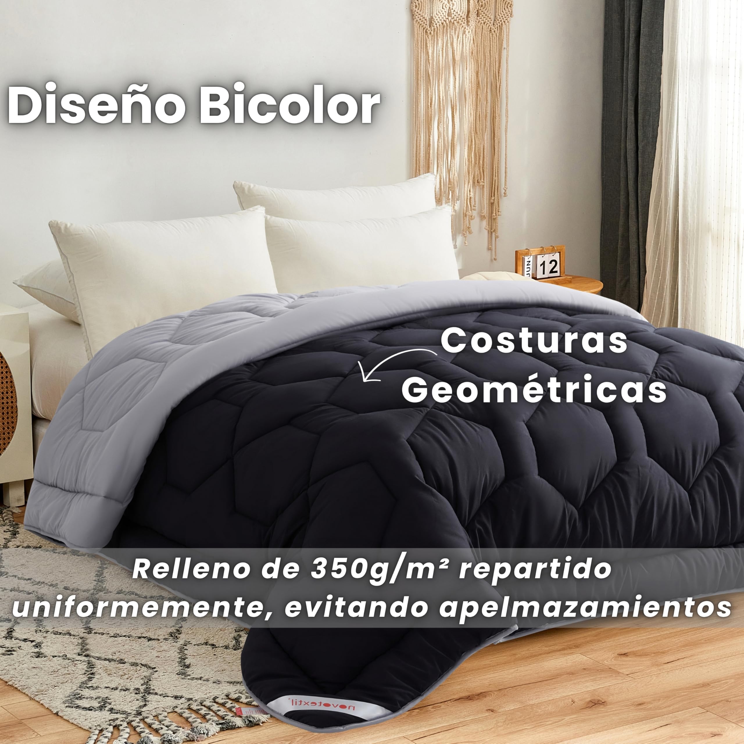 NOVOTEXTIL Edredón Cama 135 (230x260), Relleno Nórdico de Fibra 350 g/m² - Edredón Nórdico Bicolor Invierno Suave, Ligero, Reversible y Transpirable (Negro/Gris)