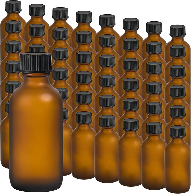 Frascos de vidro Boston Round com tampas, 60 mL, Amber Frosted, Pacote com 48