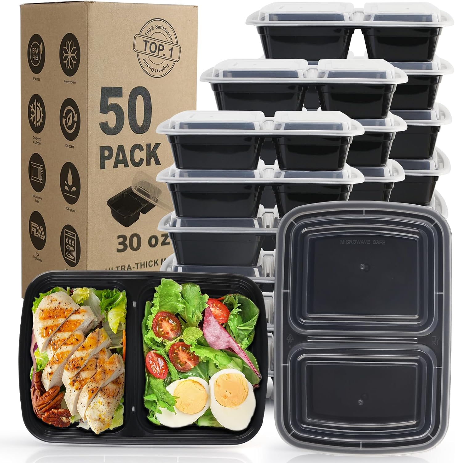 WGCC Meal Prep Containers 2 Compartment- 50Pack 30OZ Meals Prep Containers With Lids, Disposable To Go Meals Containers, Take Out, Stackable, Leakproof & Meals Protected, Microwave, Freezer, Dishwasher Protected