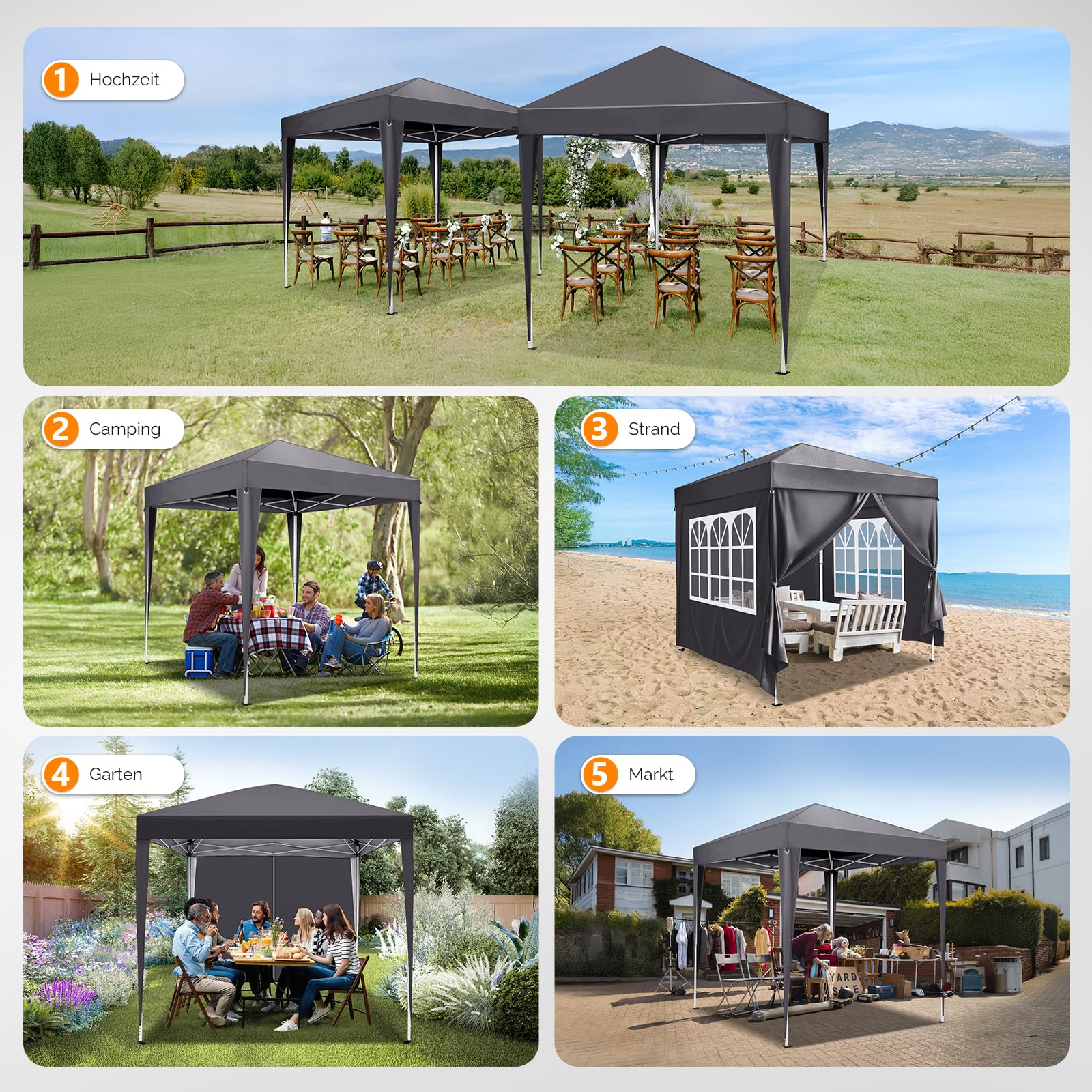 Bonnlo Pop-up Pavillon, Faltpavillon 3x3m, Höhenverstellbar, Wasserdicht Partyzelt mit 4 Seitenteilen, Gartenpavillon für Outdoor Hochzeit Garten Camping Party, Grau