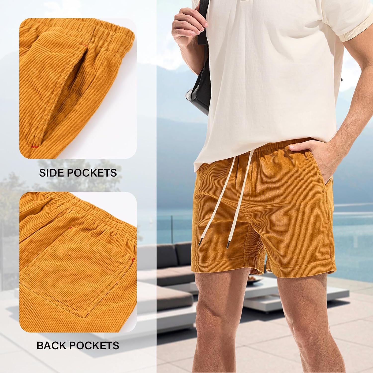AMY COULEE Men's Cotton Corduroy Shorts, 5.5 Inch Elastic Waist Drawstring Vintage Casual Shorts with Pockets - Image 3